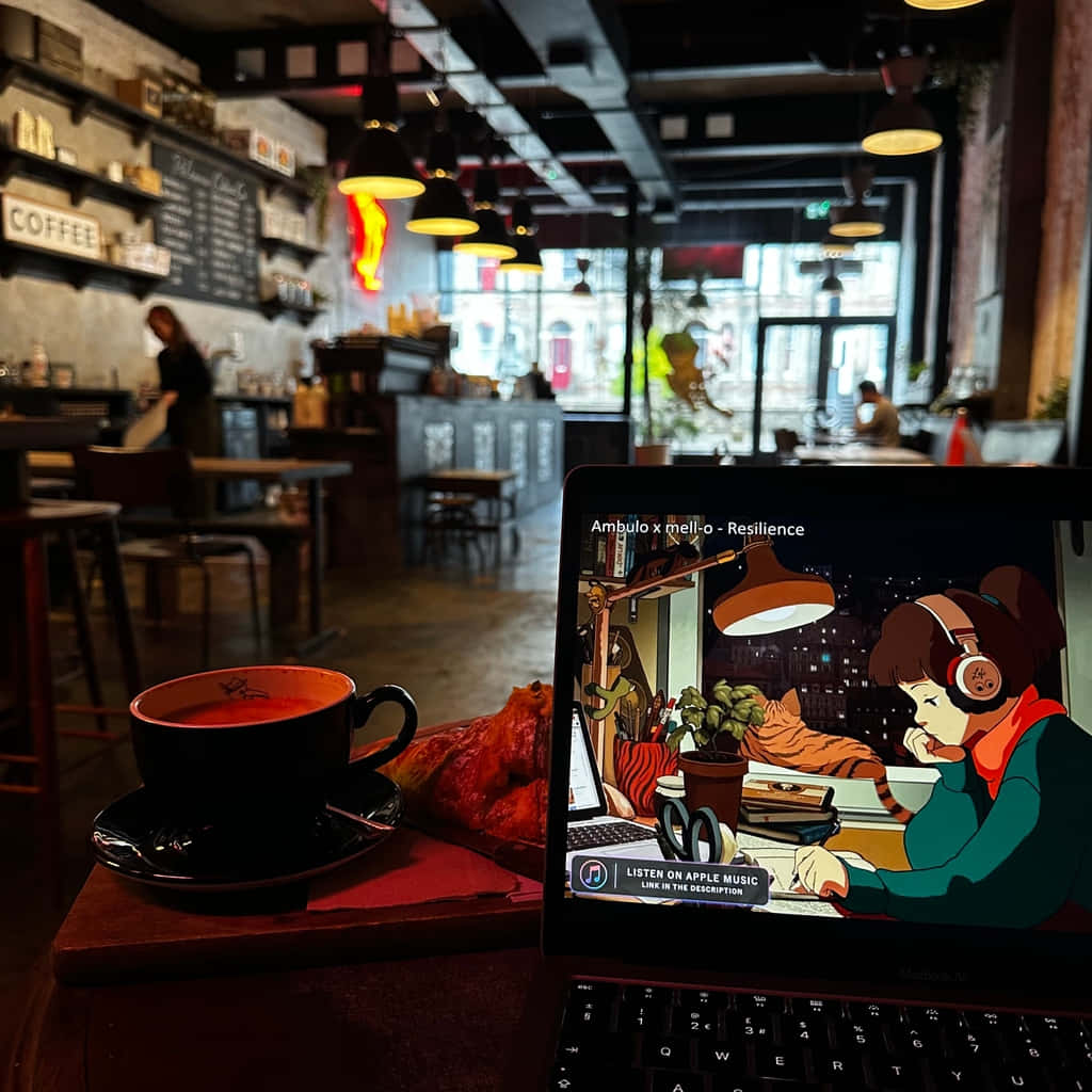 anime girl, laptop, cozy cafe scene, SD Desktop Wallpaper