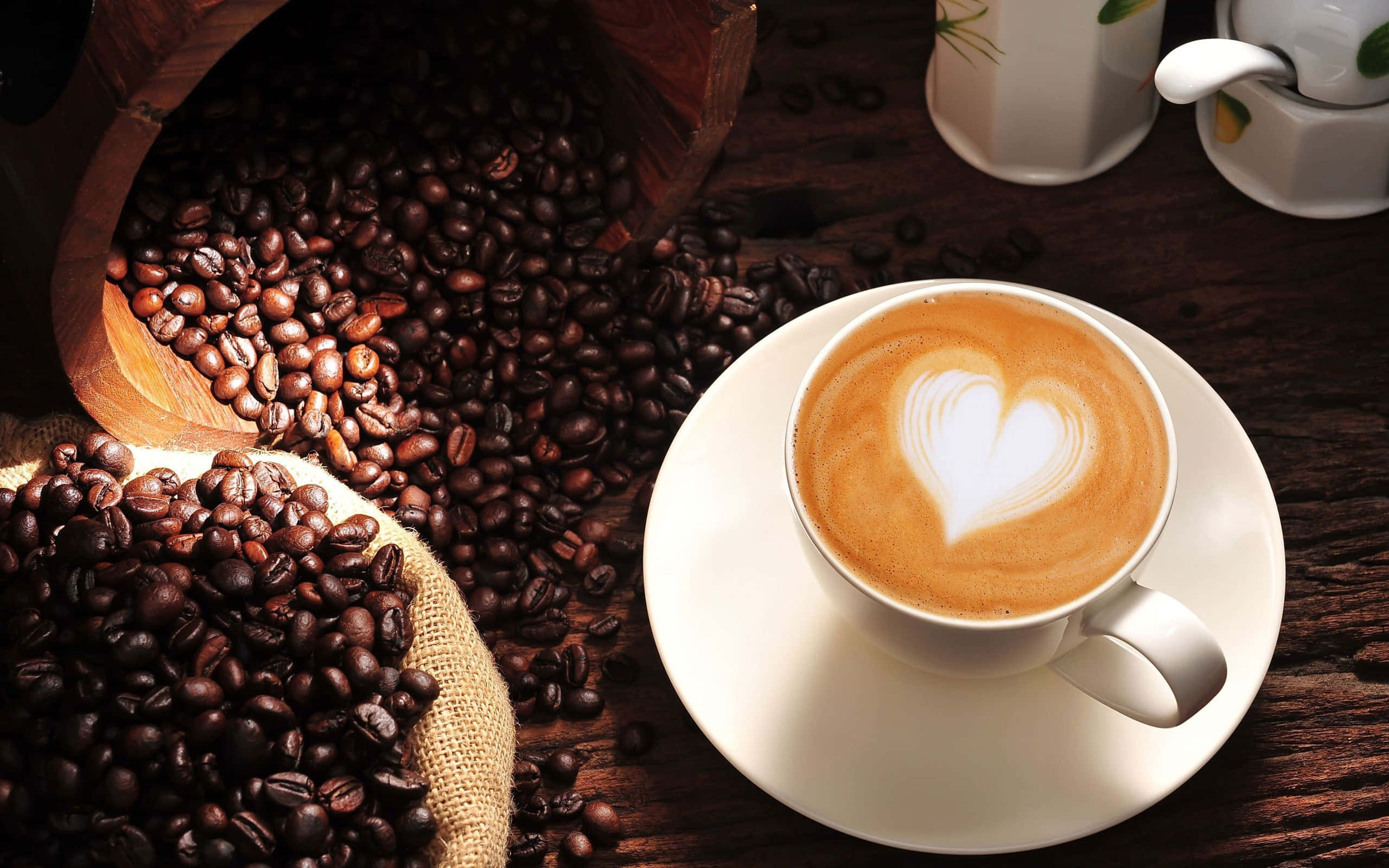 cup of coffee, heart latte art, roasted beans, 2K Desktop Wallpaper