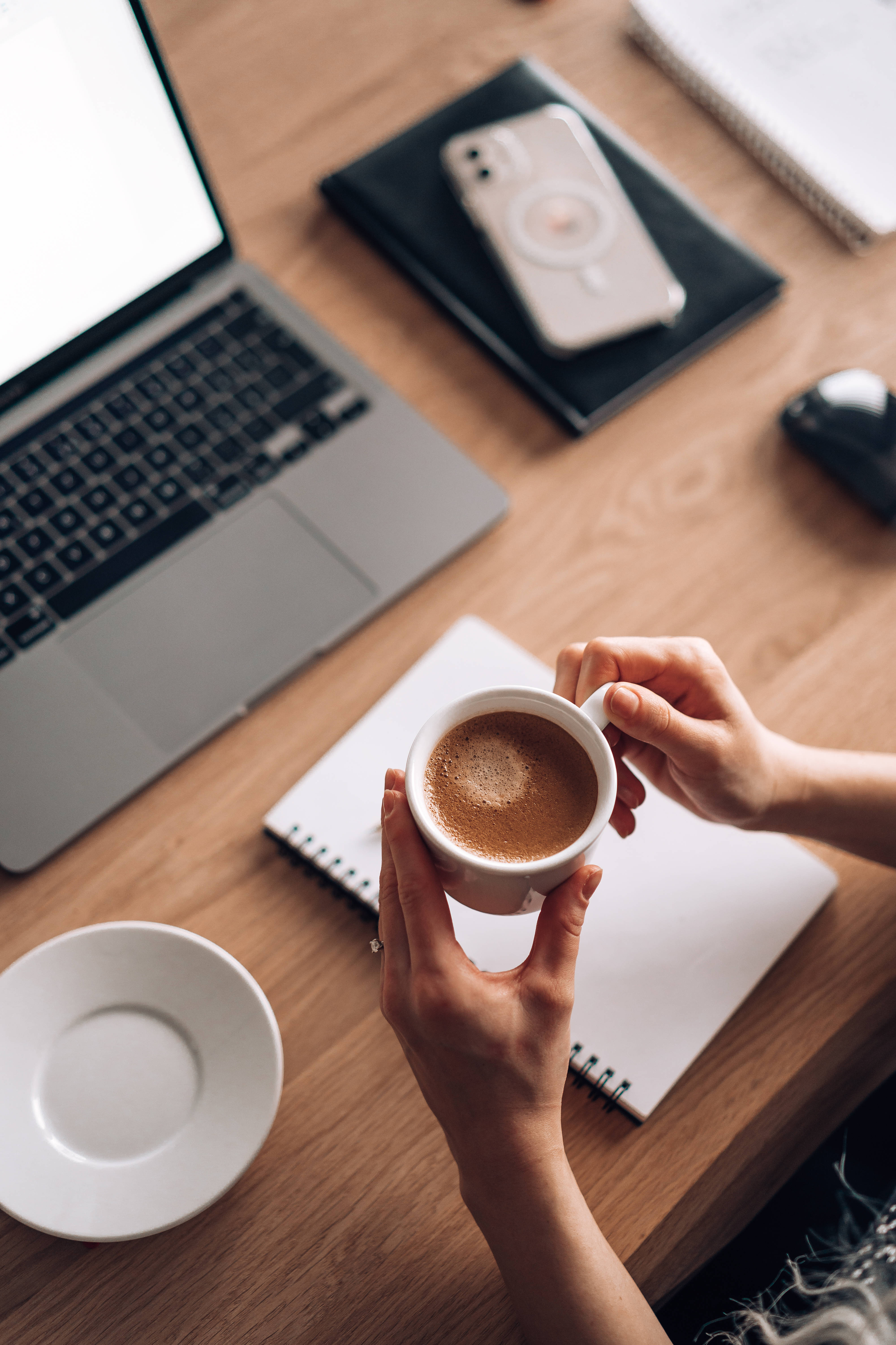 work and espresso, steaming coffee cup, wooden desk, 5K Phone Wallpaper
