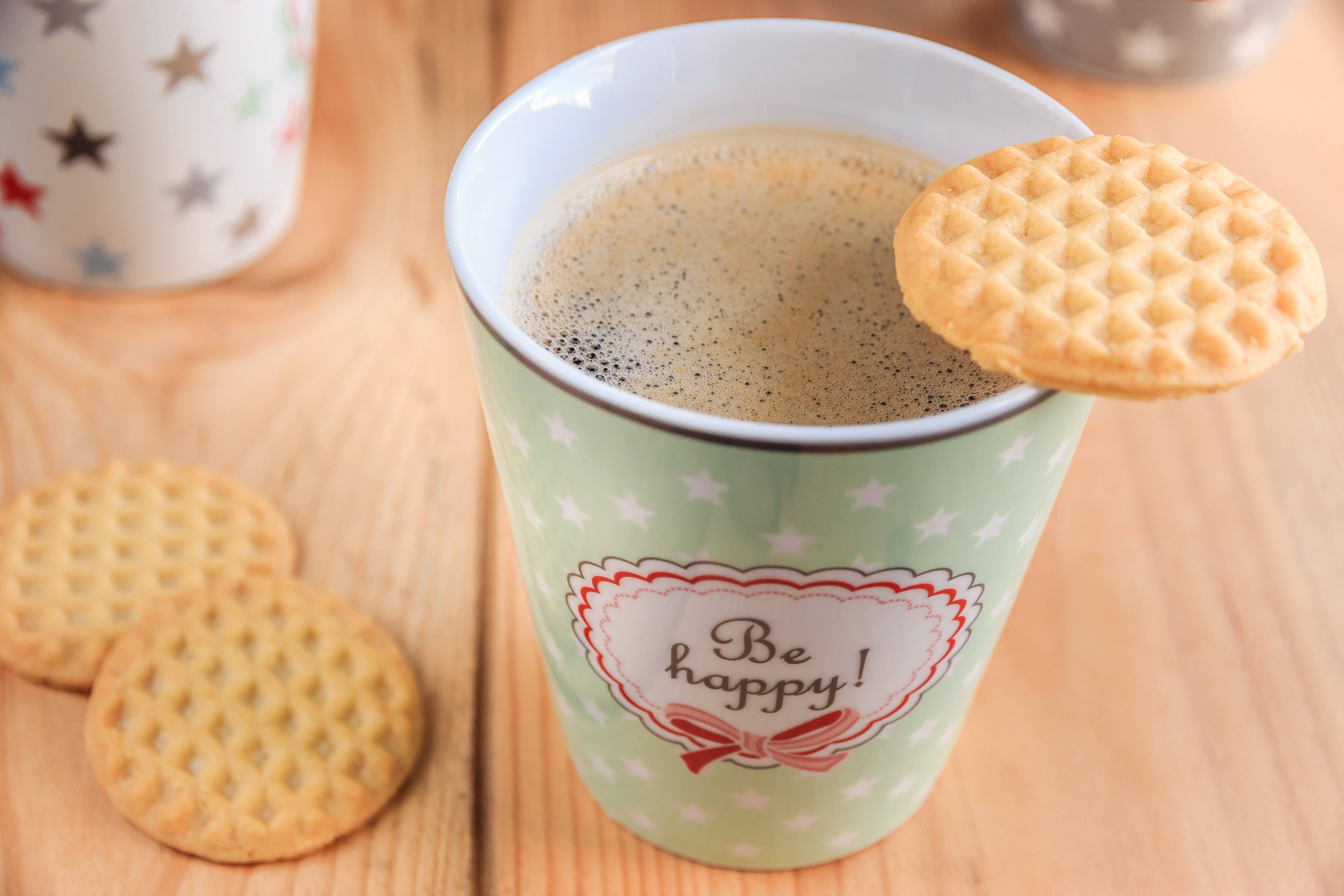coffee, waffle cookie, wooden table, 5K Desktop Wallpaper