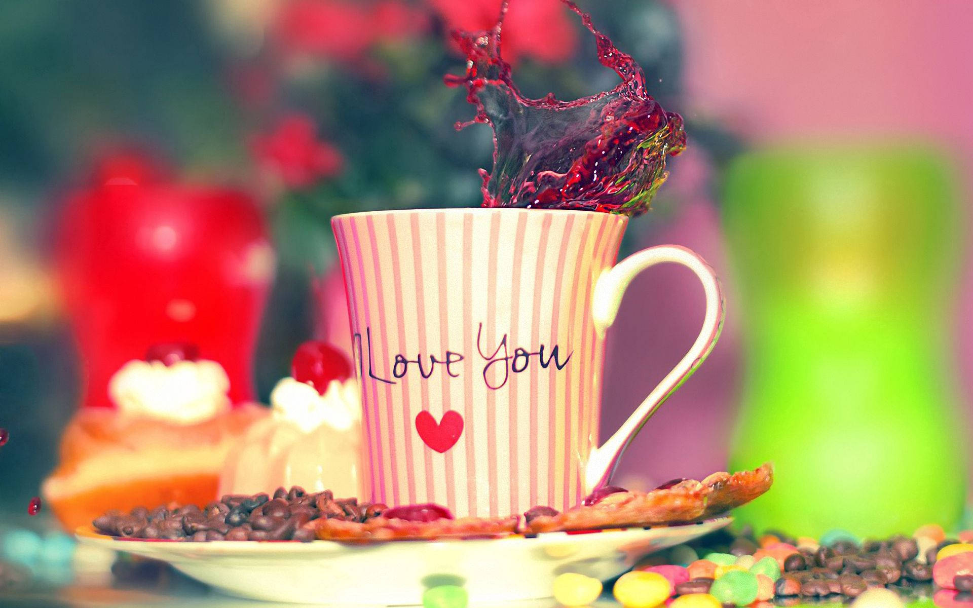 I Love You Coffee, striped mug, Love You text, Full HD Desktop Wallpaper