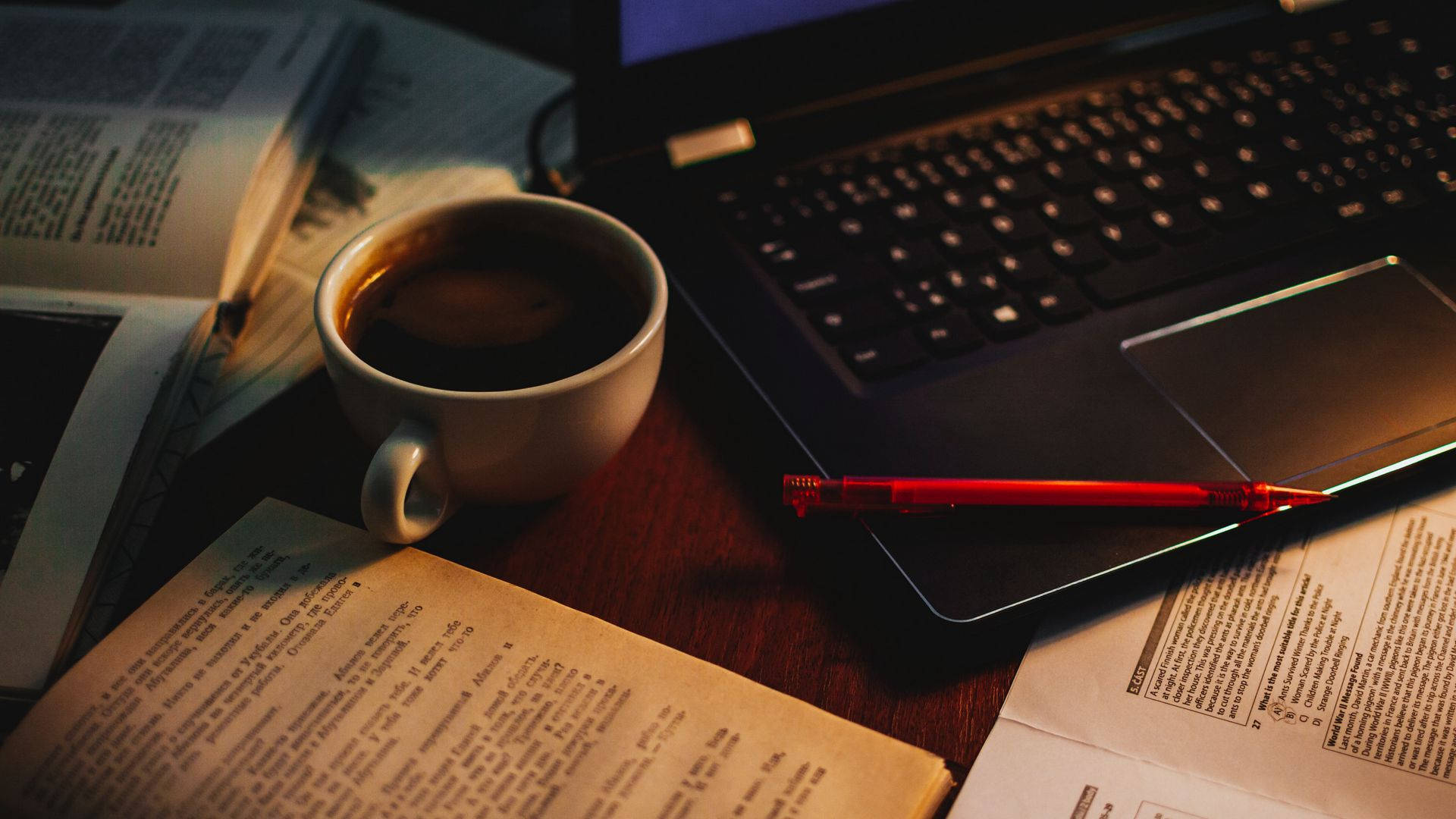 wooden desk, warm cup of coffee, open book, Full HD Desktop Wallpaper