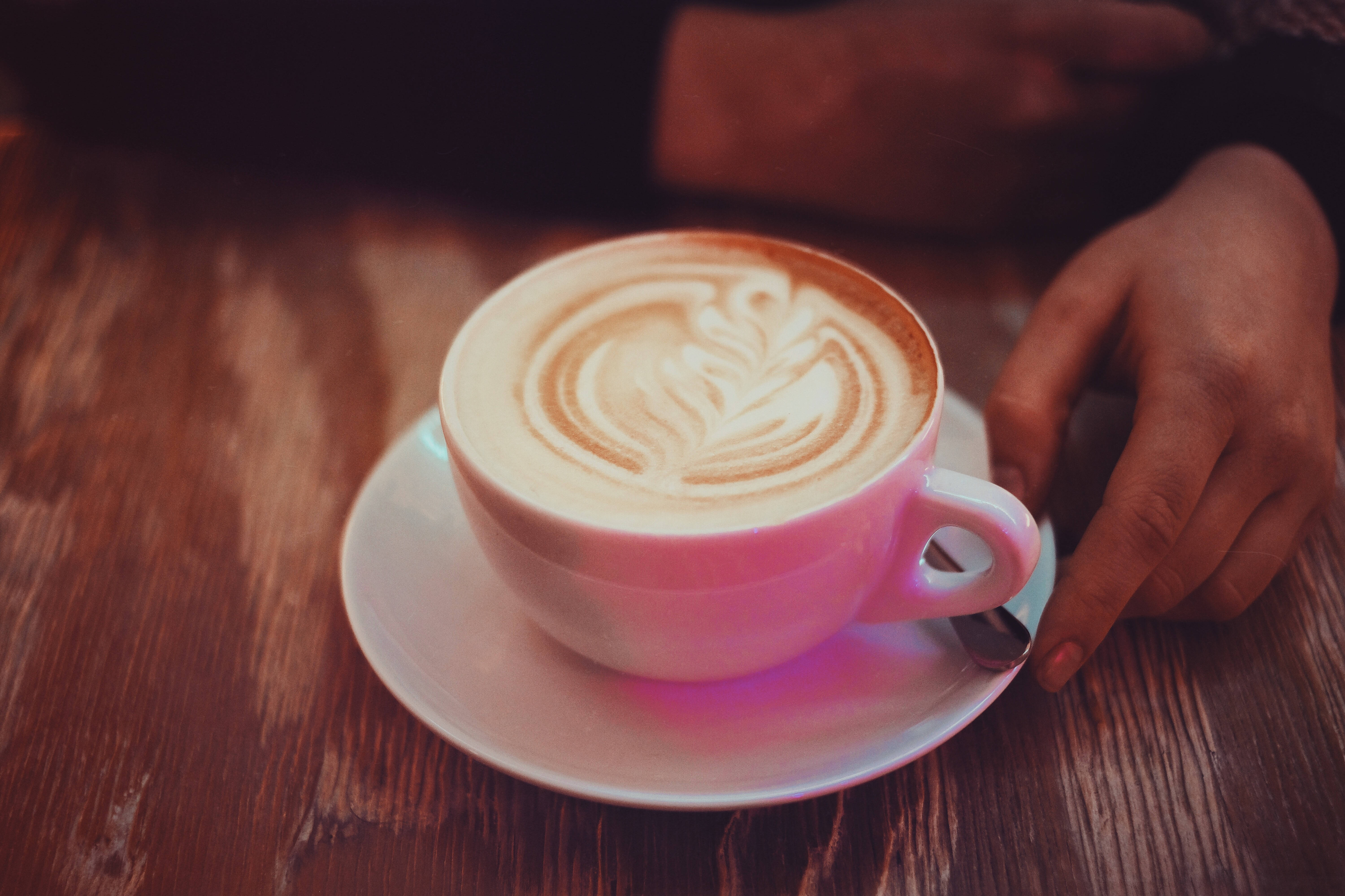 cappuccino, pink cup, latte art, 5K Desktop Wallpaper