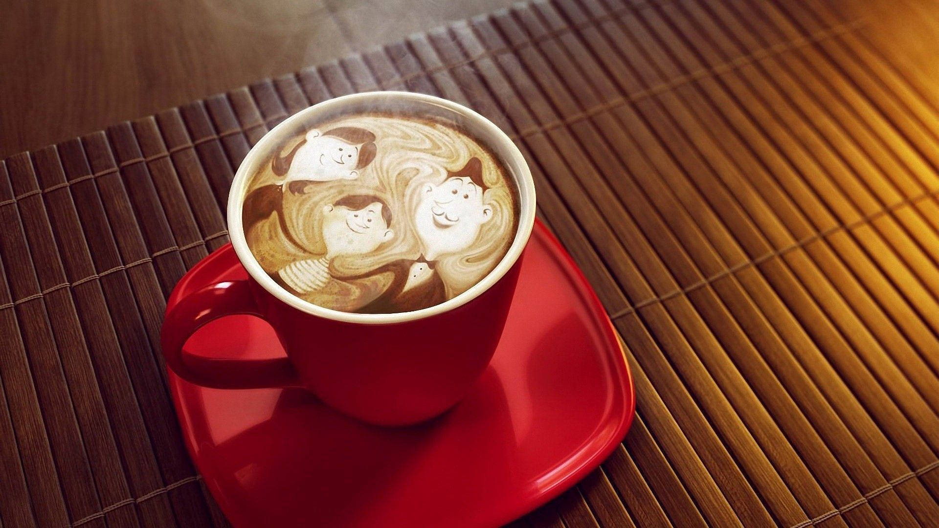 coffee latte, red cup, steaming latte art, Full HD Desktop Wallpaper