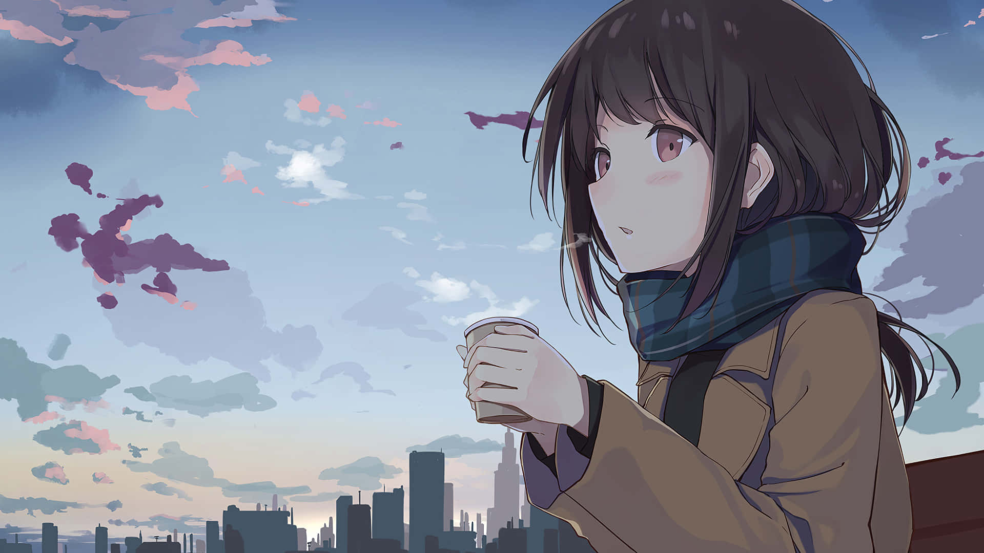 anime girl, scarf, cup, Full HD Desktop Wallpaper