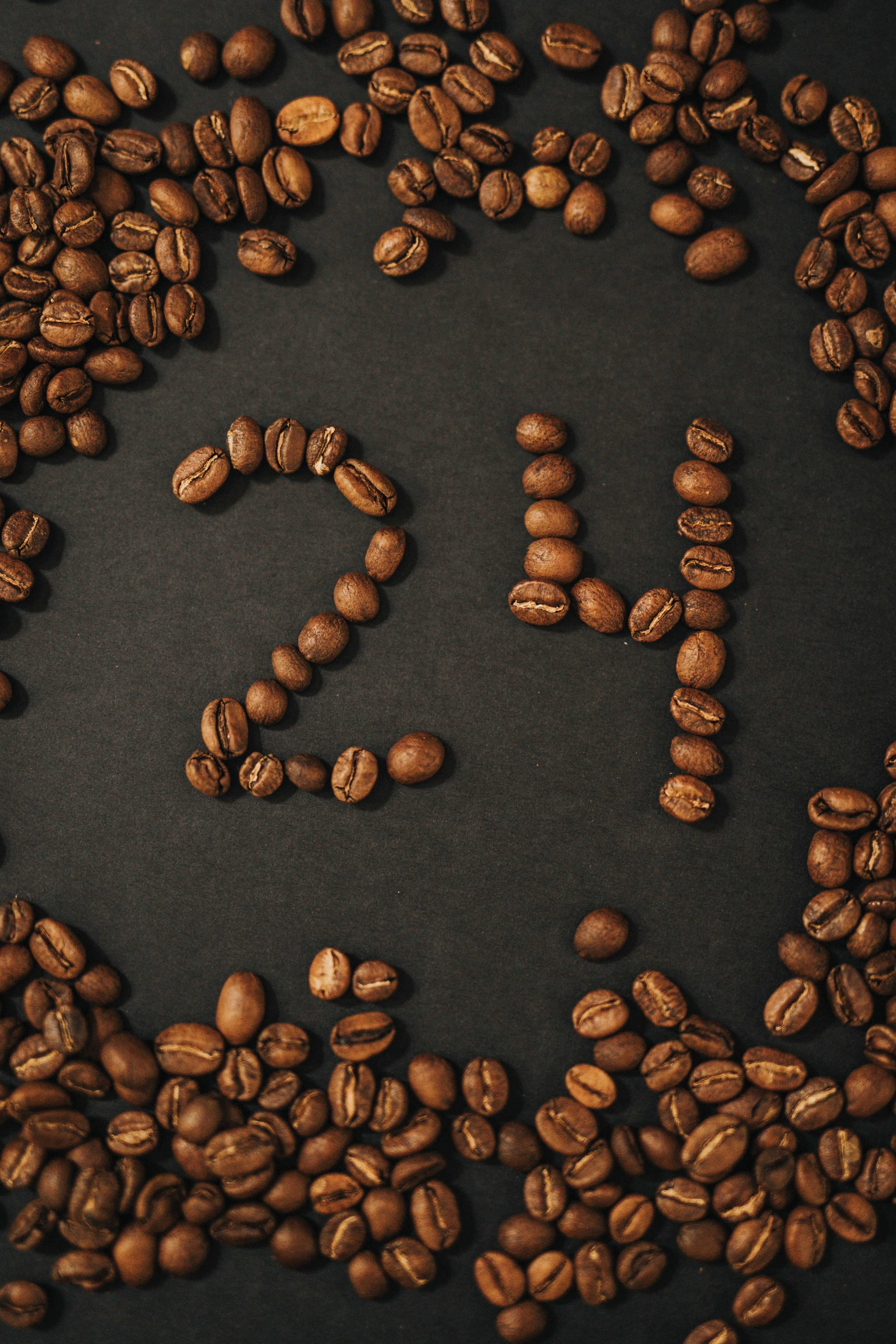 number 24, coffee beans, dark textured surface, 5K Phone Wallpaper
