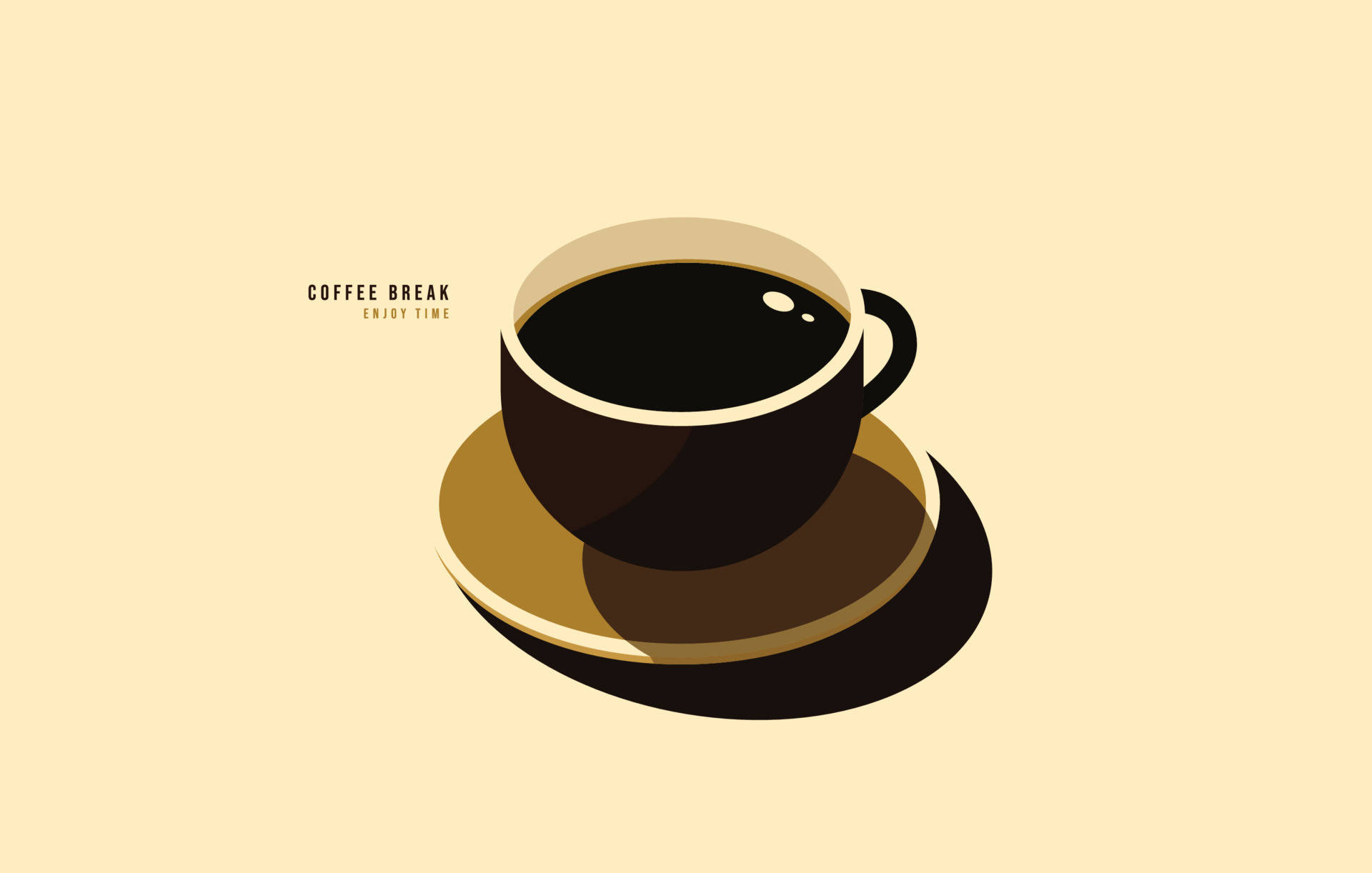 black coffee cup, saucer, pale yellow background, Full HD Desktop Wallpaper
