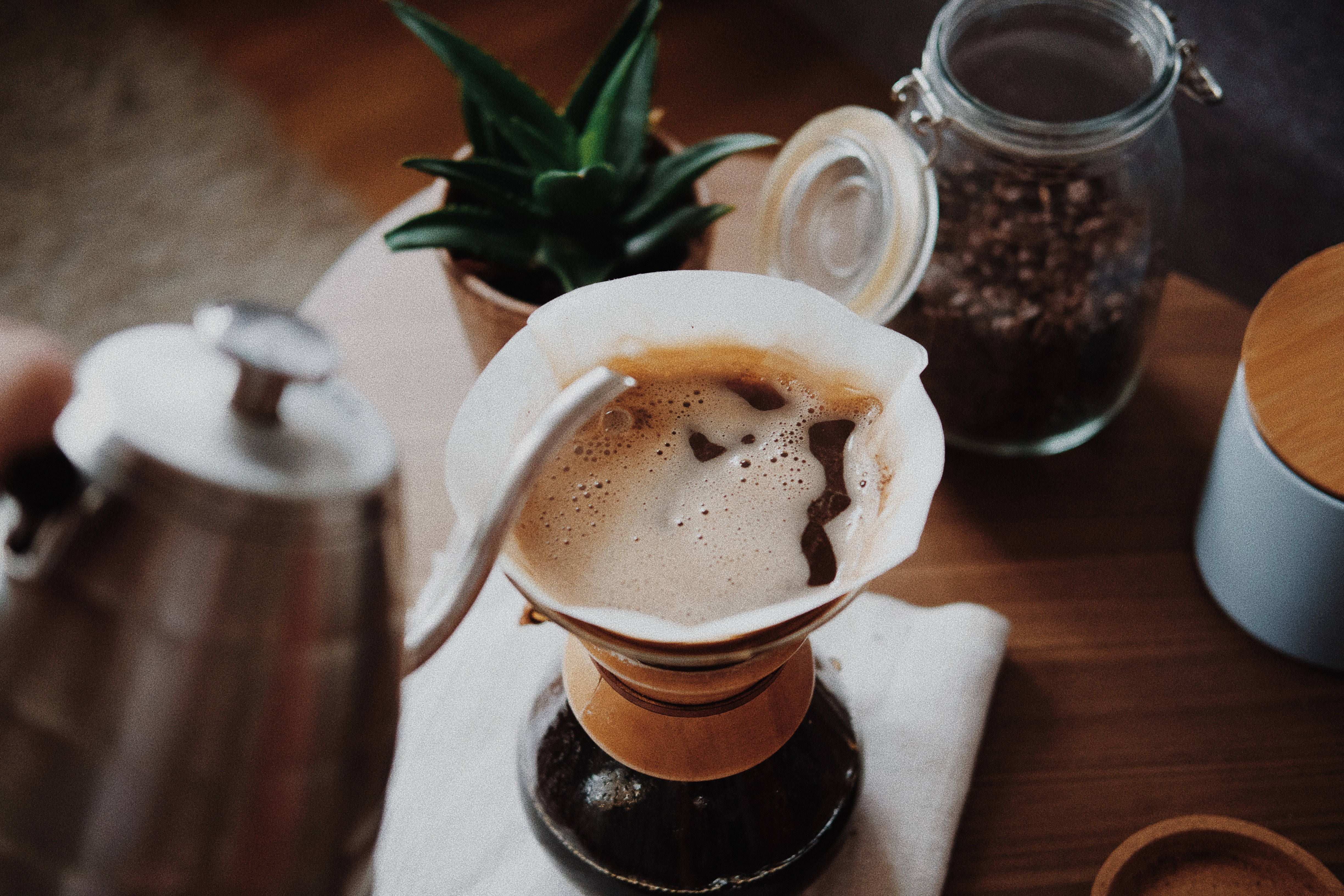 pour-over cone, wooden table, succulent, 4K Desktop Wallpaper