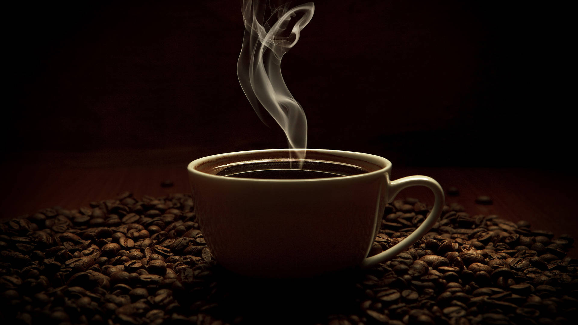 steaming hot coffee, roasted beans, dark wooden surface, Full HD Desktop Wallpaper
