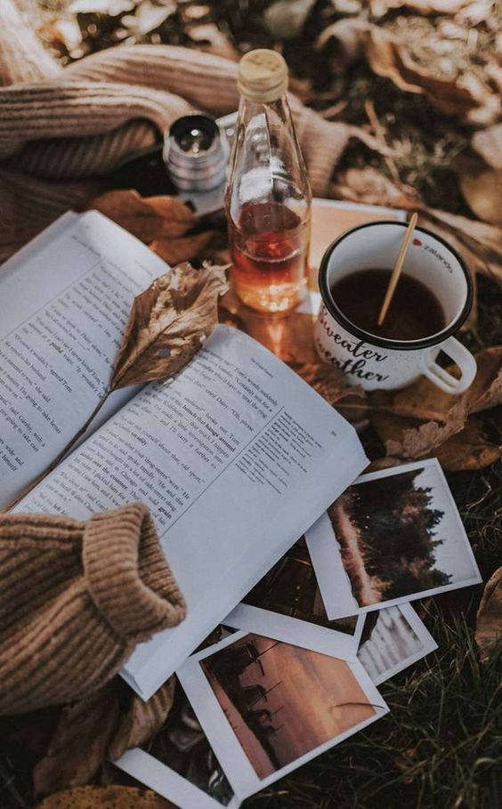 autumn, open book, warm drink, SD Phone Wallpaper