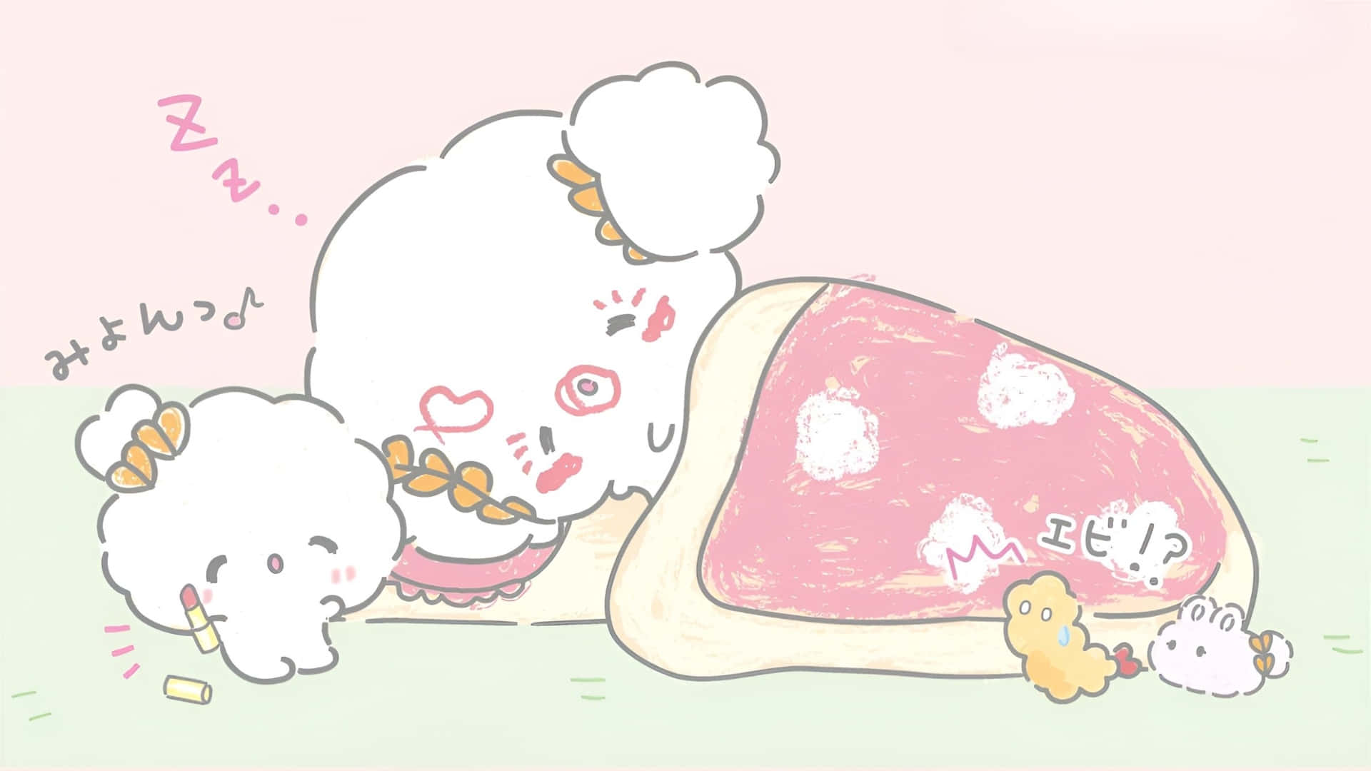 Cogimyun, fluffy white characters, giant pink meat slice, Full HD Desktop Wallpaper