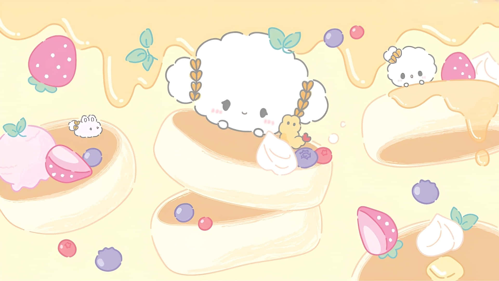 Cogimyun, cute fluffy character, stack of pancakes, Full HD Desktop Wallpaper