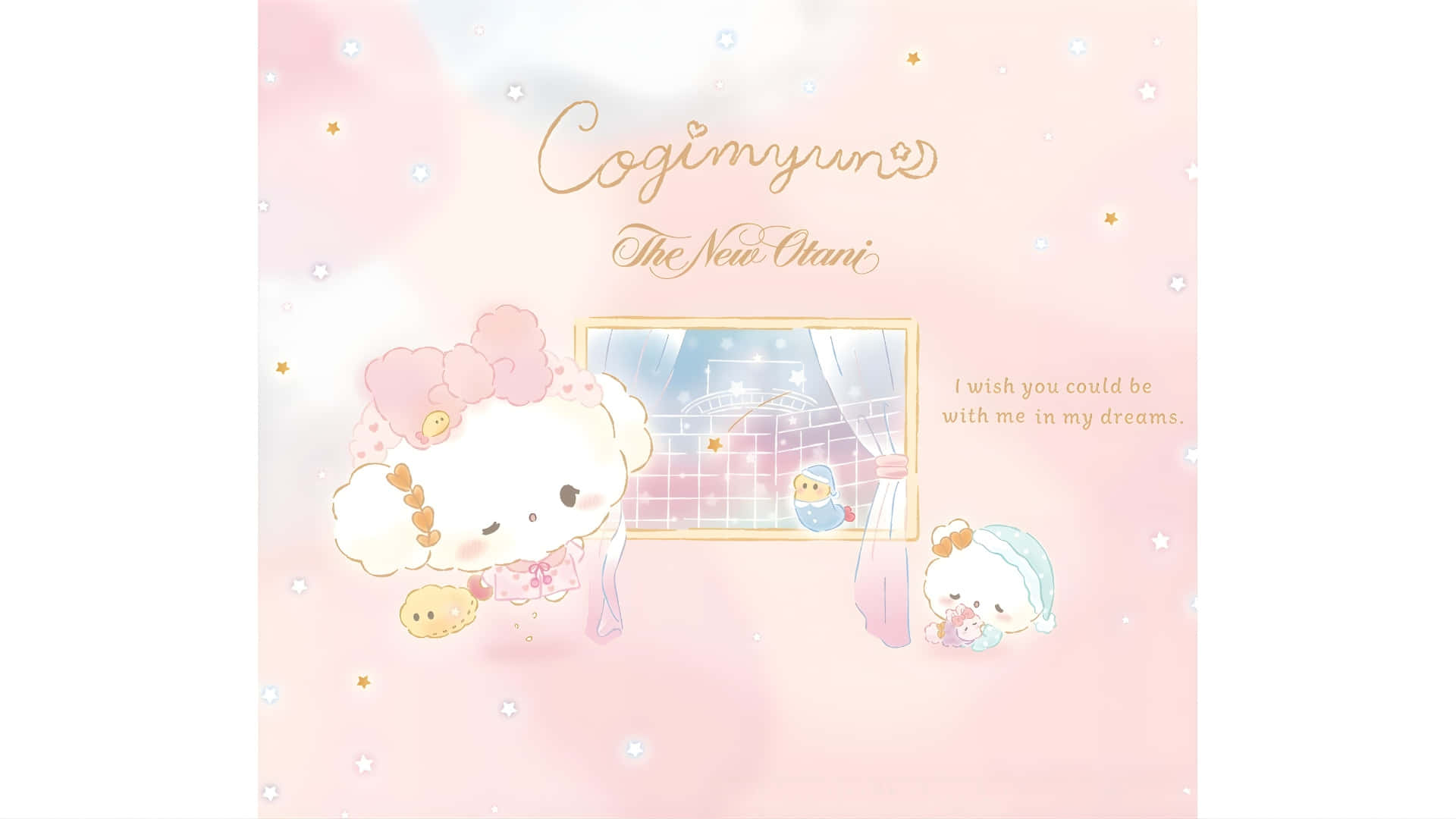 Cogimyun, fluffy white character, pink bow, Full HD Desktop Wallpaper