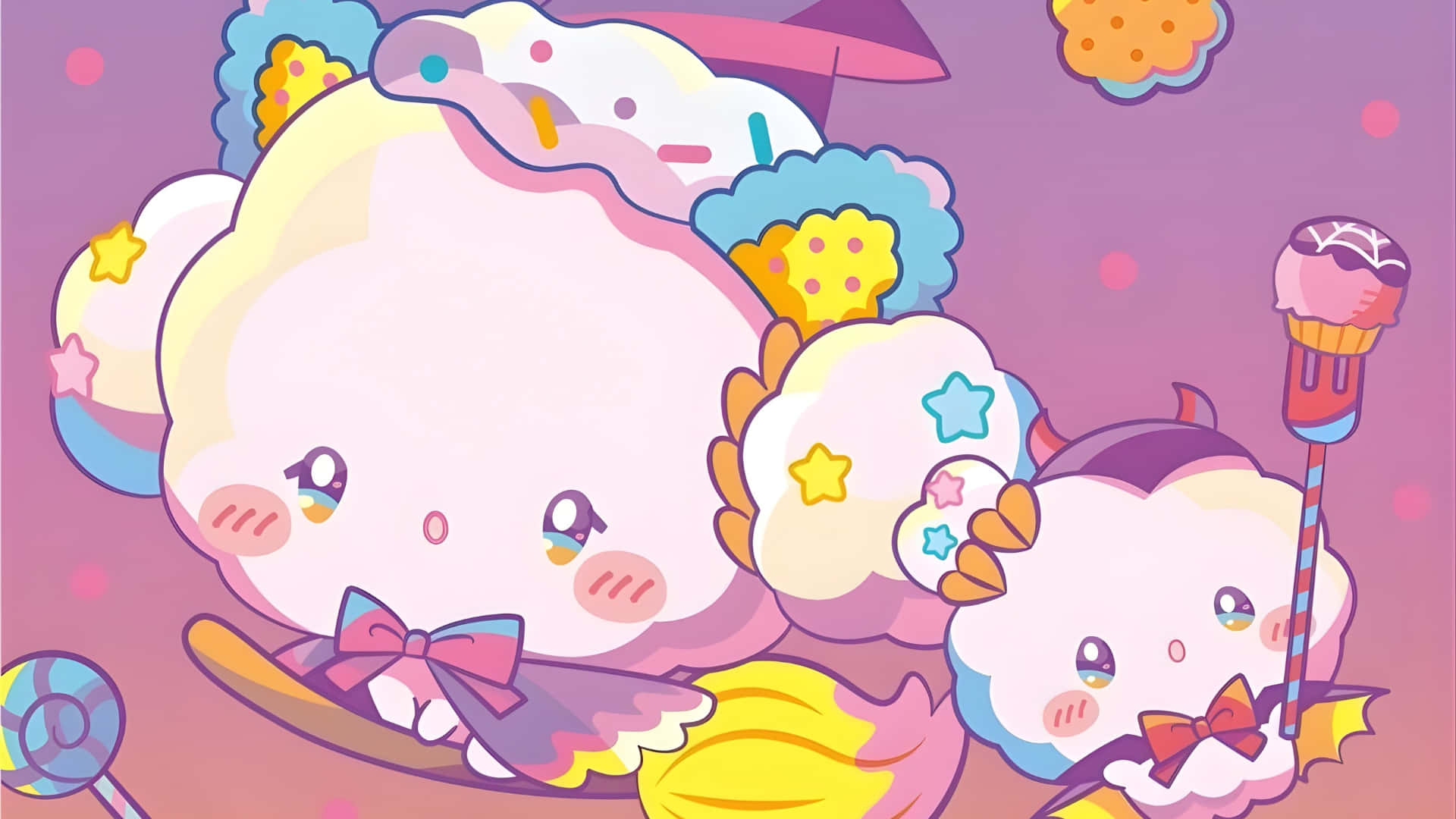 Cogimyun, cute cloud characters, bows, Full HD Desktop Wallpaper