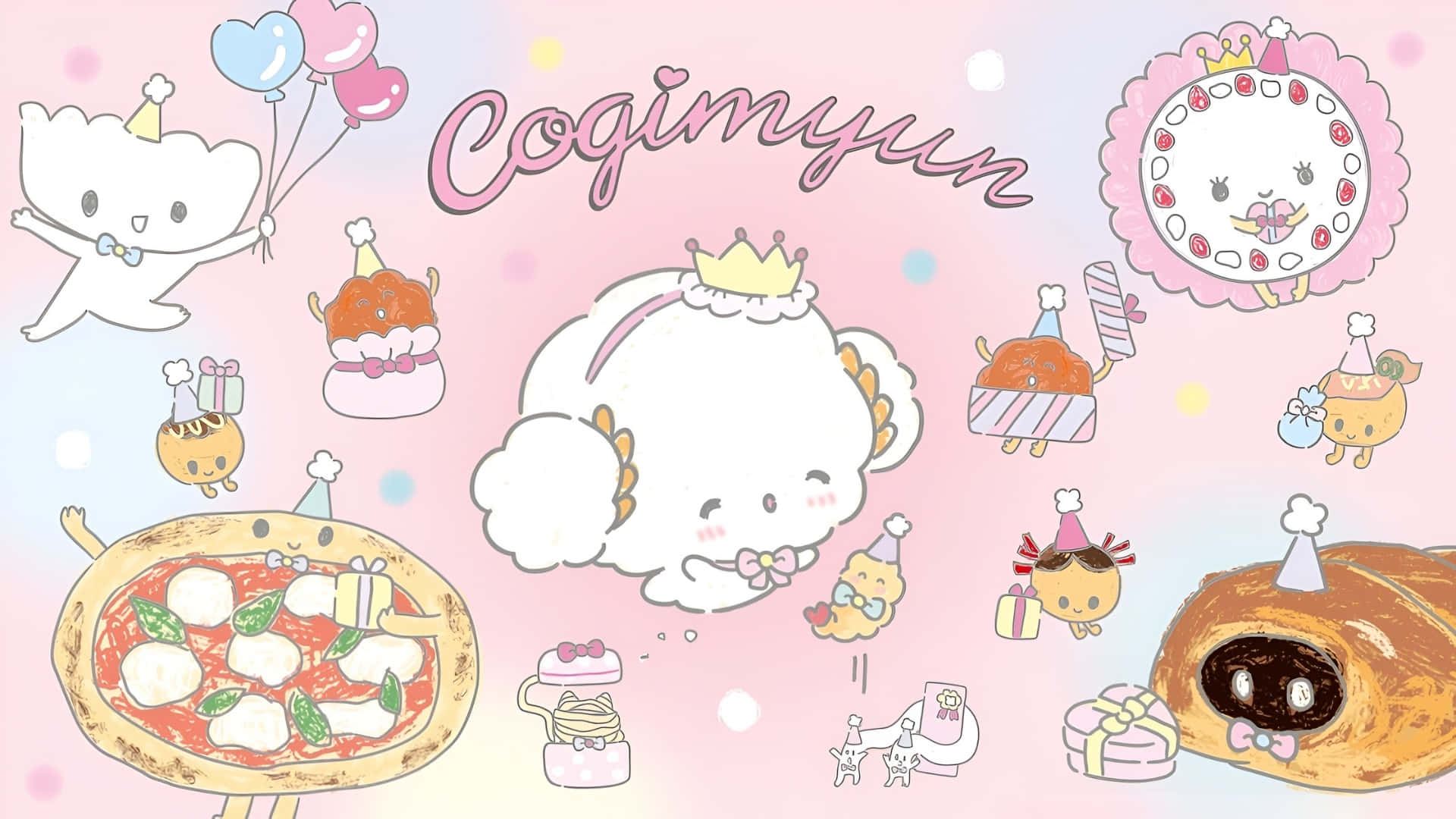 Cogimyun, cute cartoon food characters, balloons, Full HD Desktop Wallpaper