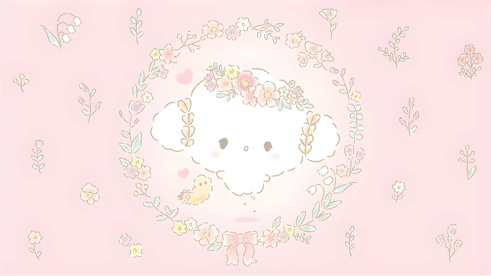 Cogimyun, cute fluffy white cloud character, floral crown, Full HD Desktop Wallpaper