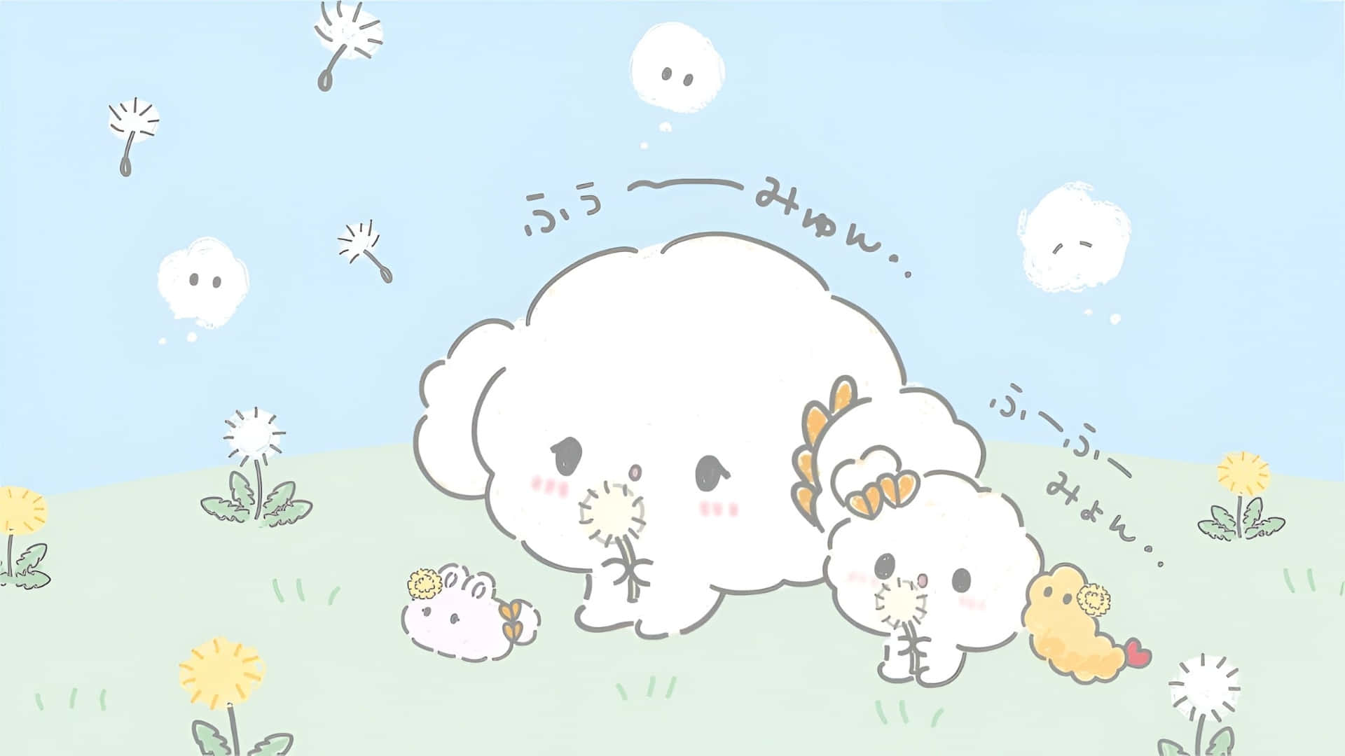 Cogimyun, fluffy white cloud characters, rosy cheeks, Full HD Desktop Wallpaper