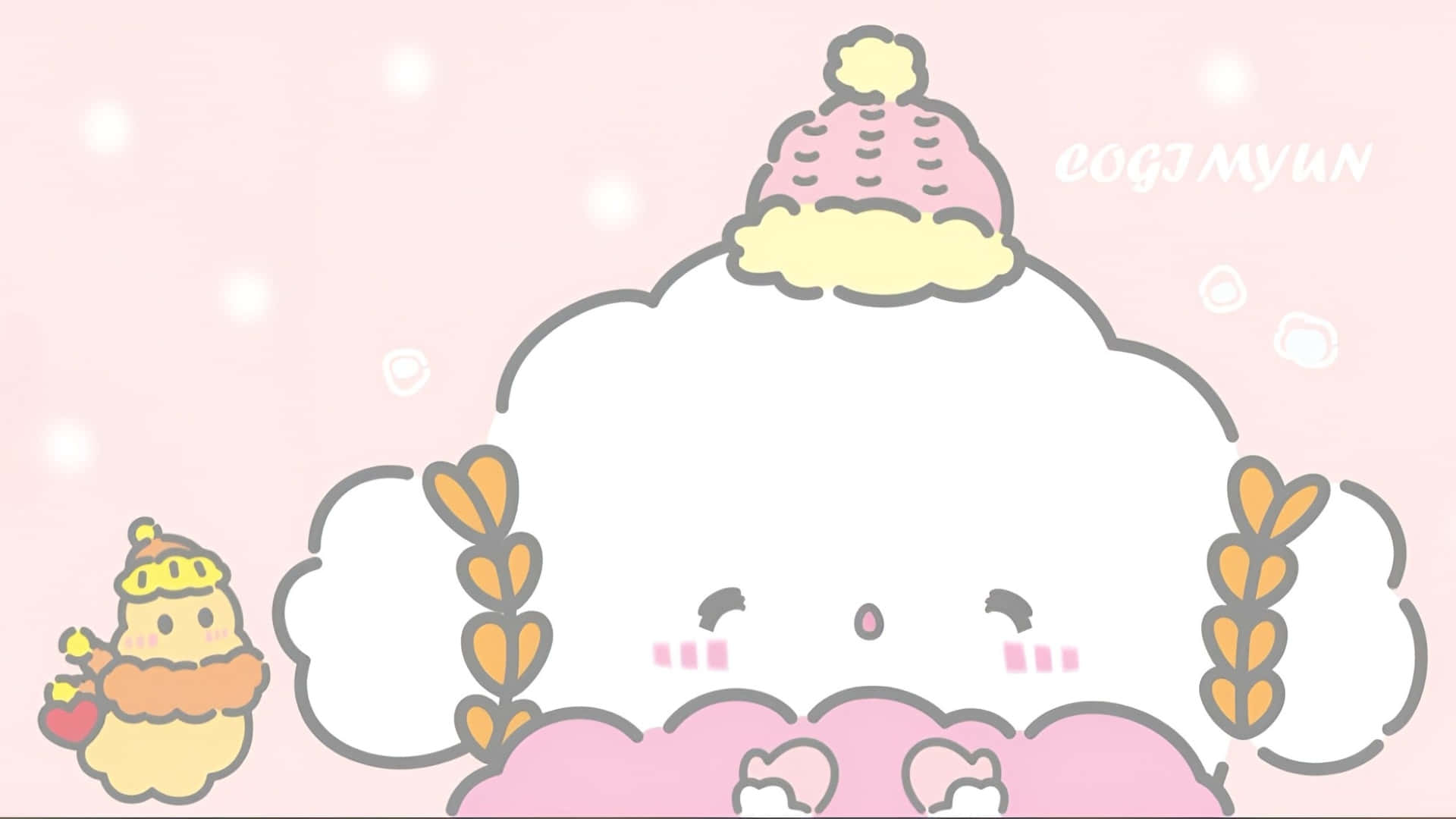 Cogimyun, cute fluffy white cloud character, pink hat with yellow pom-pom, Full HD Desktop Wallpaper