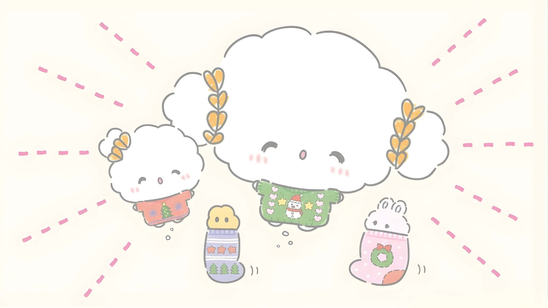 Cogimyun, fluffy cloud characters, festive sweaters, Full HD Desktop Wallpaper