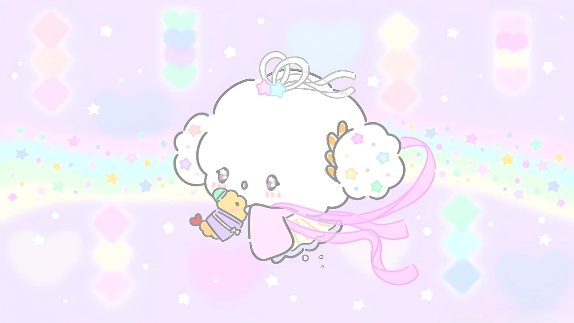 Cogimyun, cute white cloud character, pink ribbon, Full HD Desktop Wallpaper