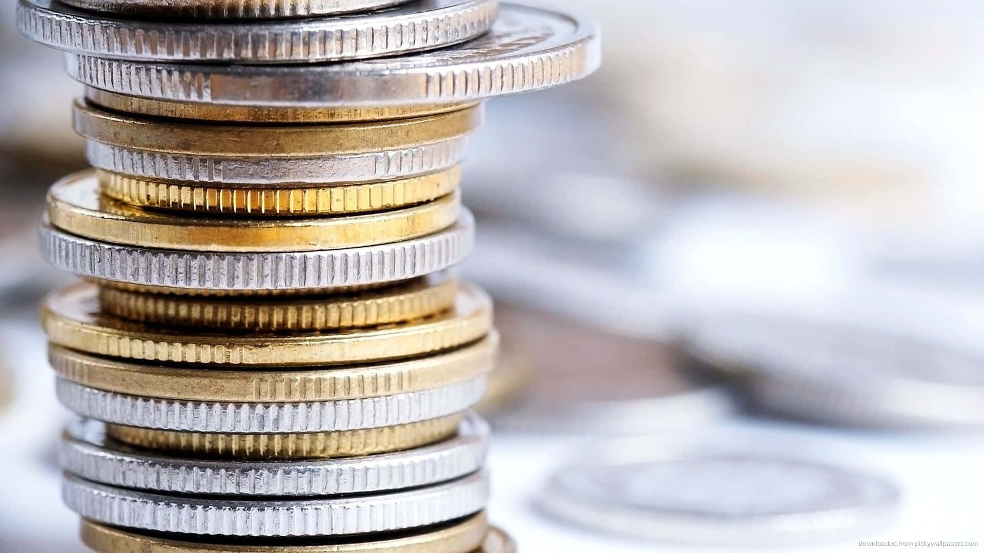 stacked silver and gold coins, tall stack of gold and silver coins, sharp ridges, Full HD Desktop Wallpaper