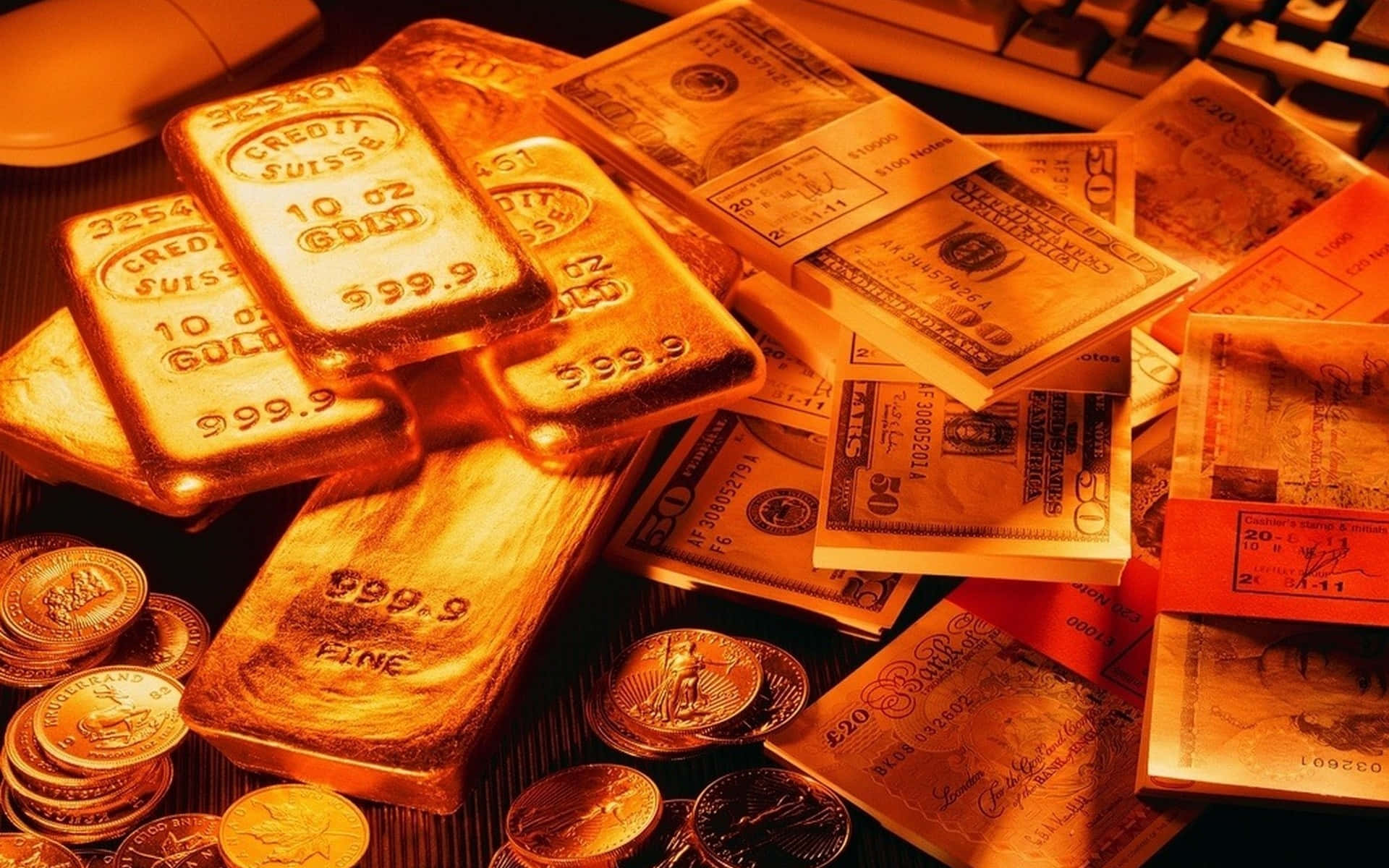 fractional dollar currency, golden bars, dollar bills, Full HD Desktop Wallpaper