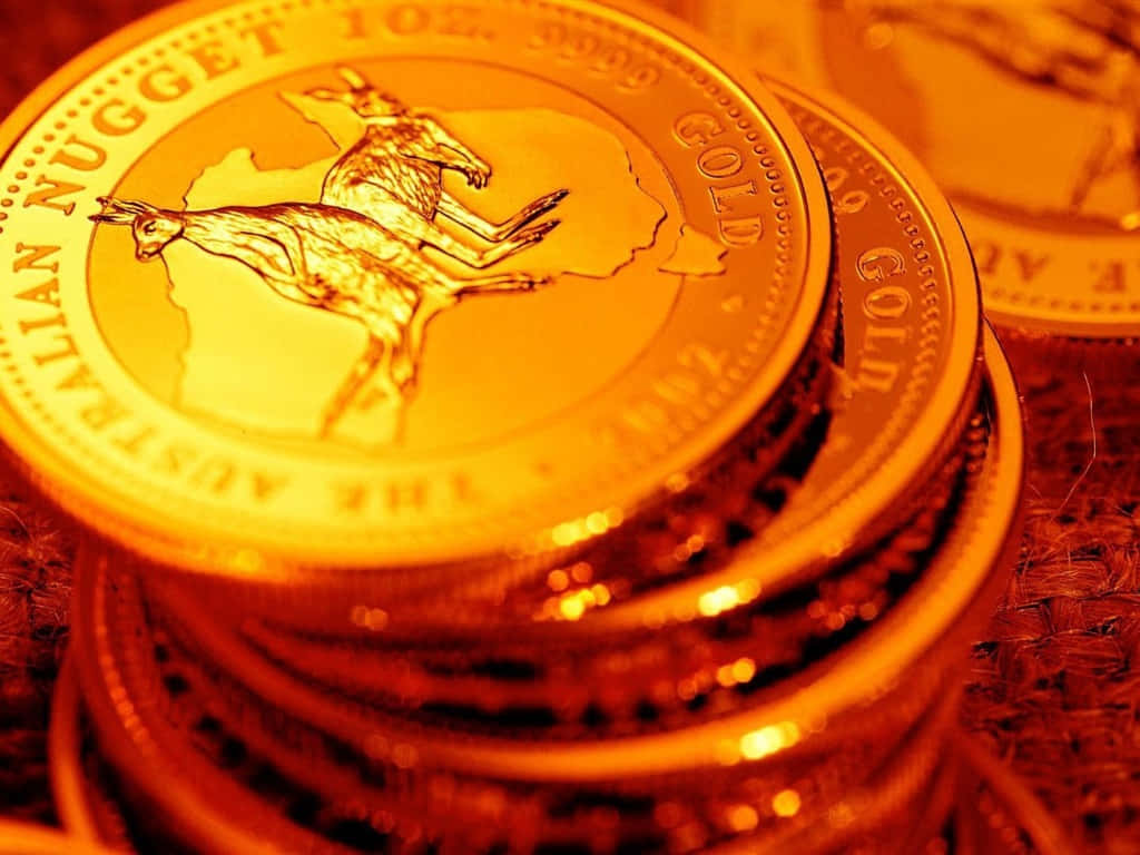 Australian coins, leaping kangaroo emblem, amber lighting, SD Desktop Wallpaper
