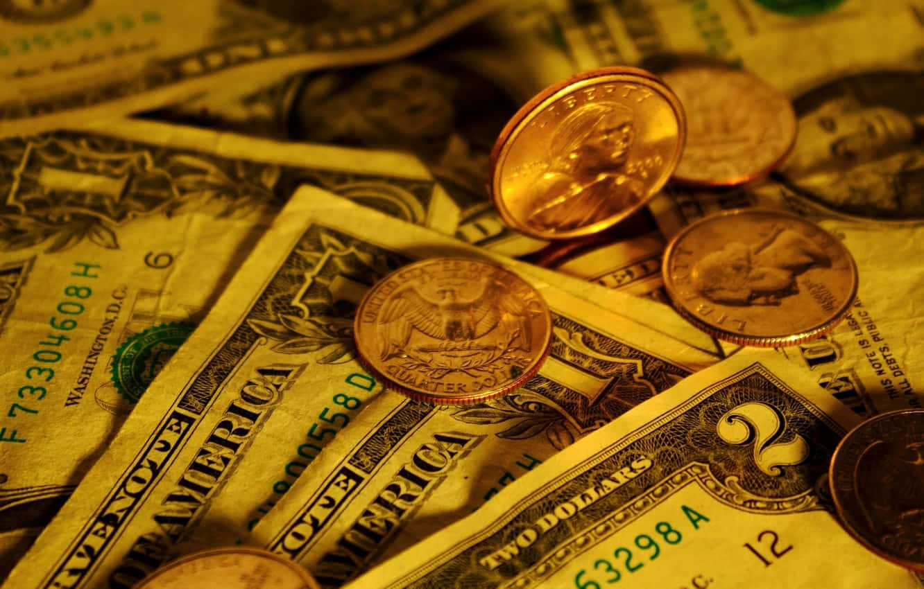 dollar coins, US dollar bills, golden coins, HD Desktop Wallpaper