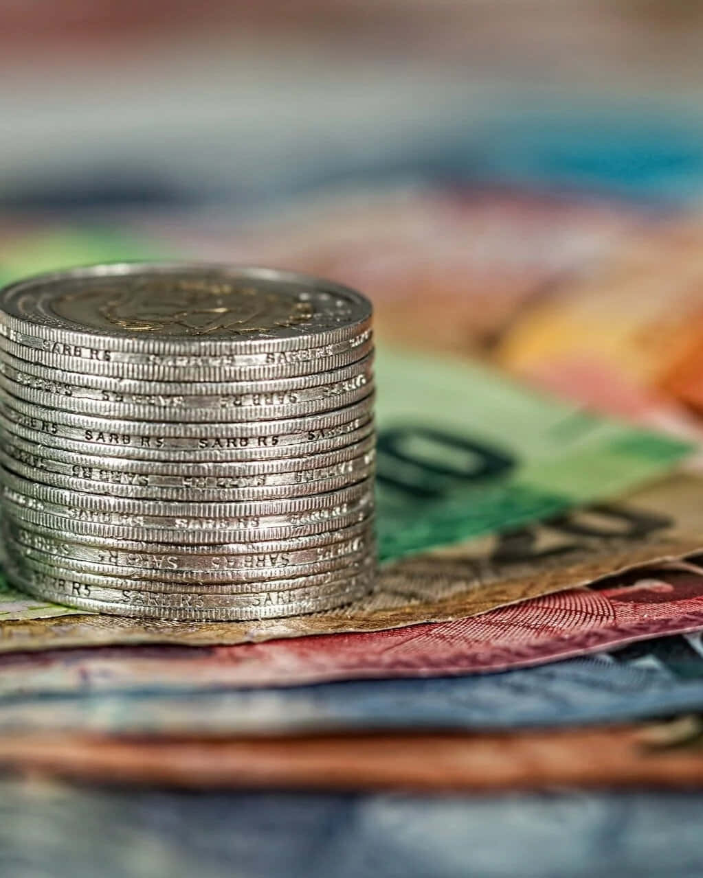 silver coins, colorful pile of banknotes, tall stack, SD Phone Wallpaper