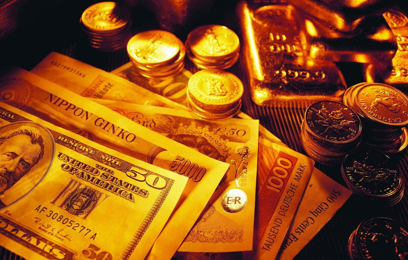 dollar stacked coins, golden glow, international currency, HD Desktop Wallpaper