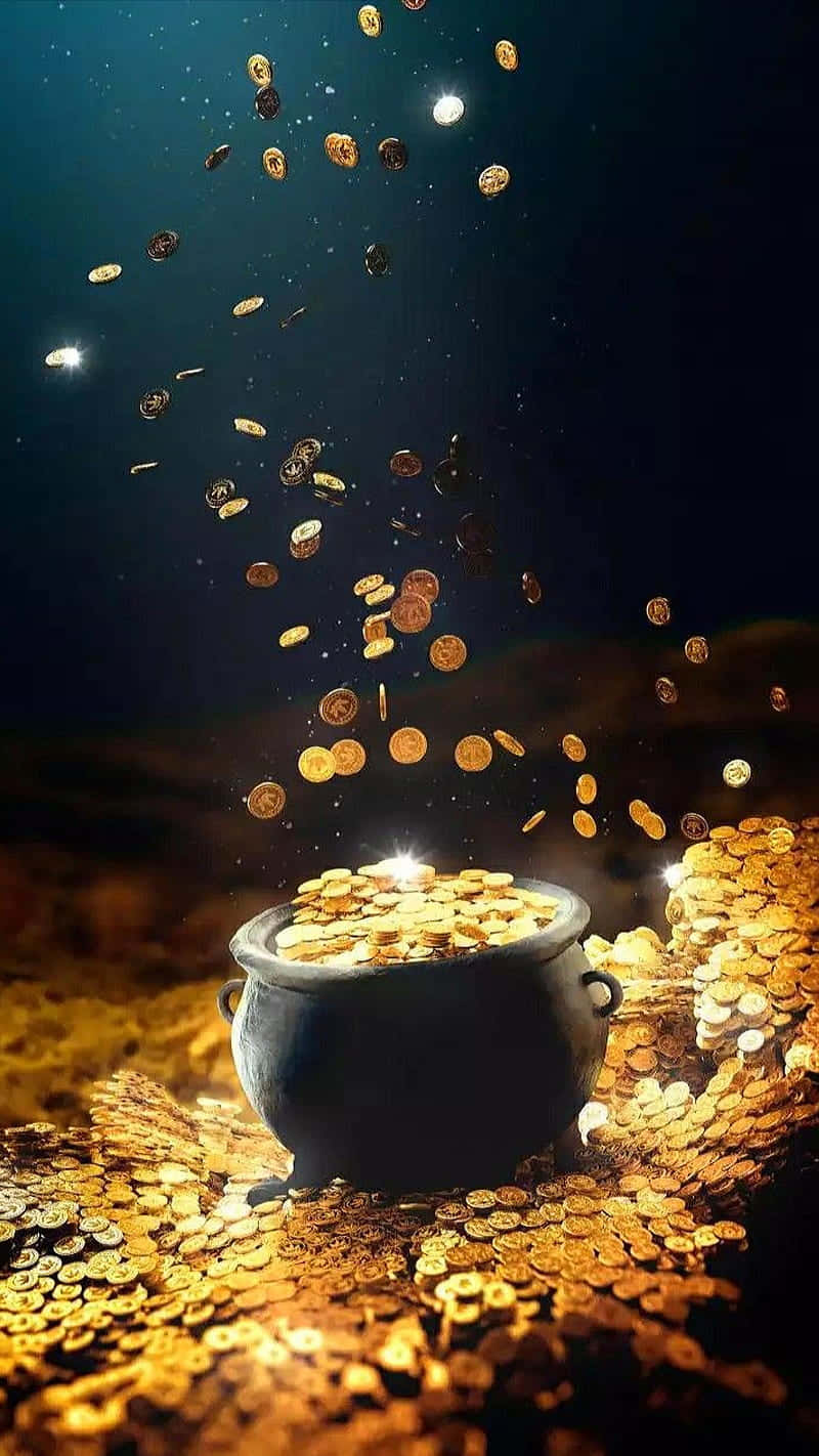 black cauldron, golden coins, starry sky, HD Phone Wallpaper