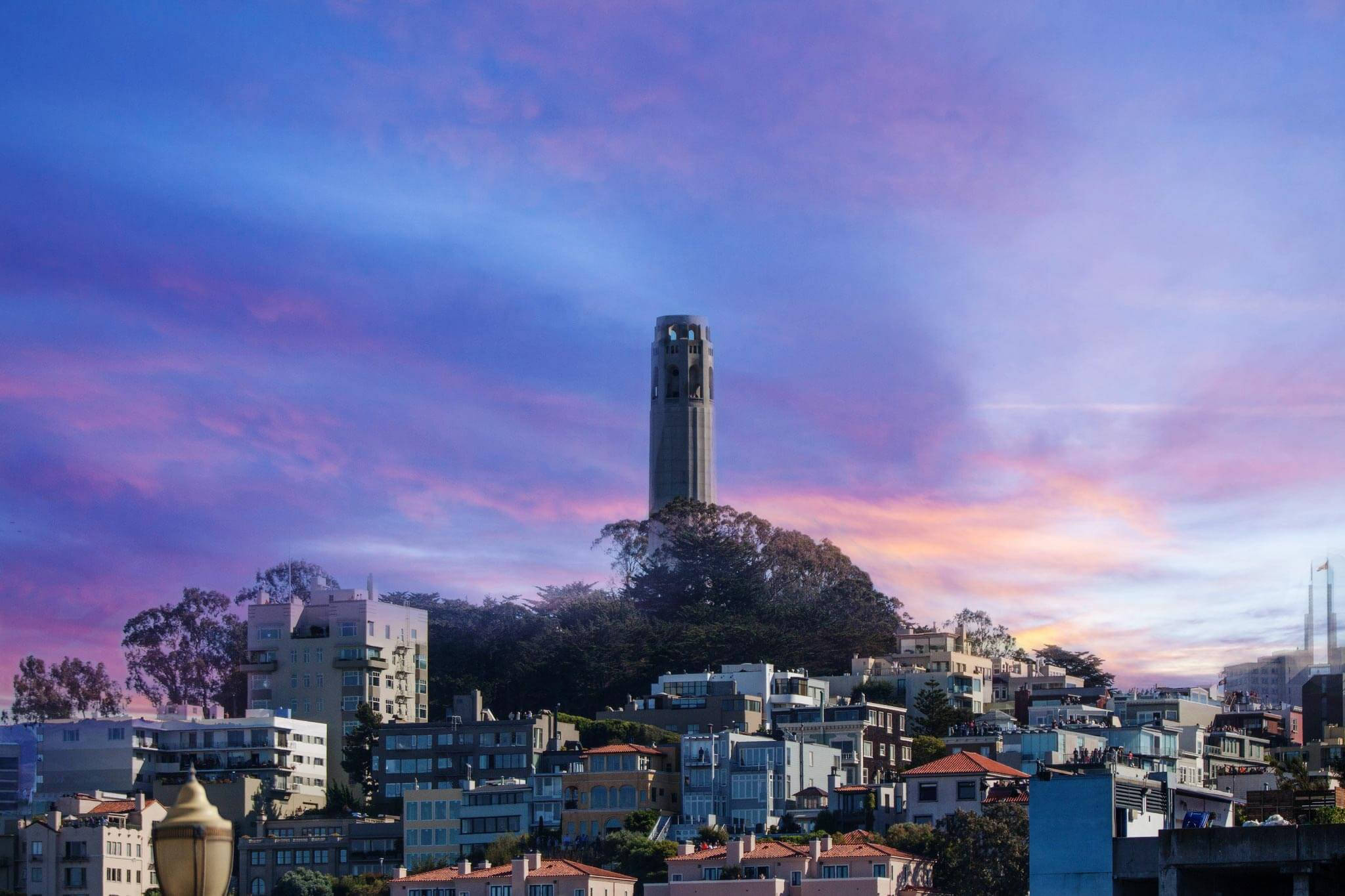 Coit Tower, cotton candy skies, vibrant purple and pink sunset sky, Full HD Desktop Wallpaper