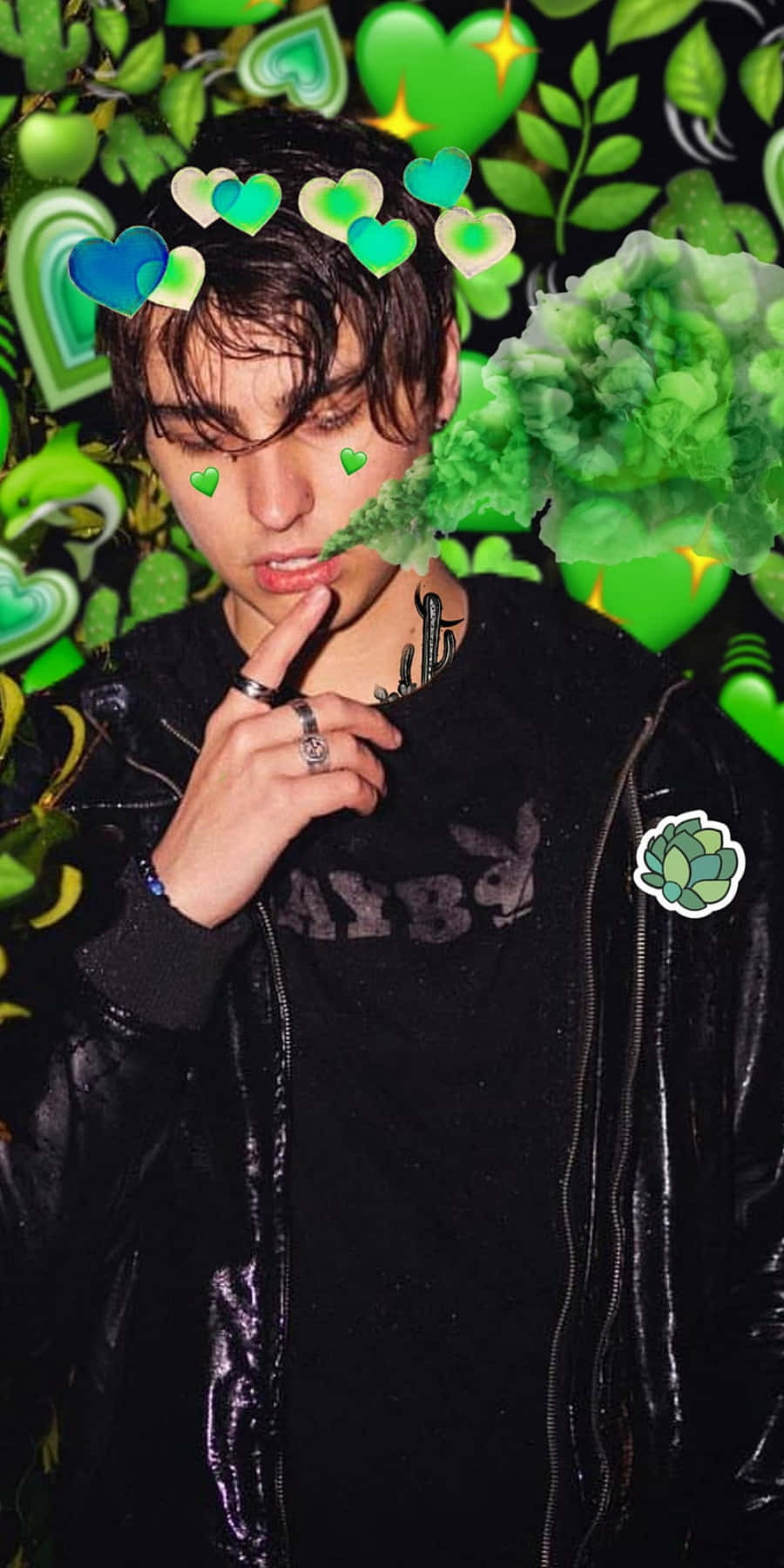Colby Brock, green hearts, black jacket, HD Phone Wallpaper