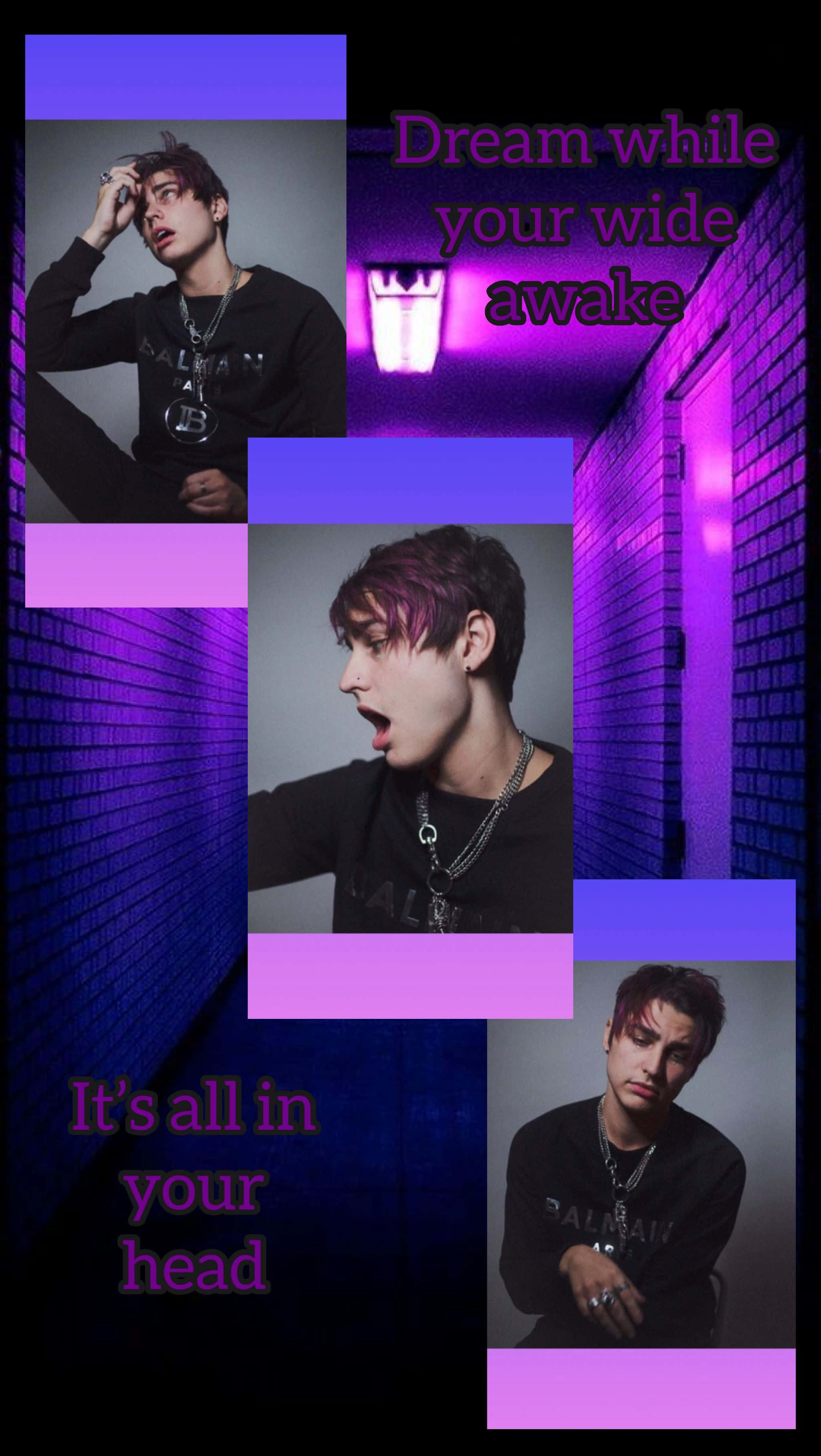 Colby Brock, purple-lit urban alleyways, surreal text overlays, 2K Phone Wallpaper