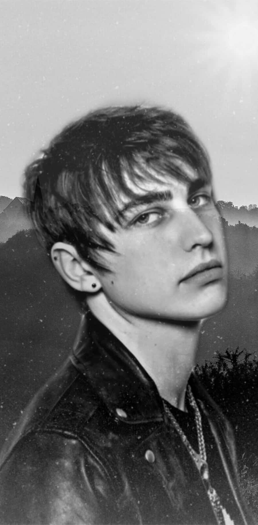 Colby Brock, black and white portrait, mountainous backdrop, HD Phone Wallpaper