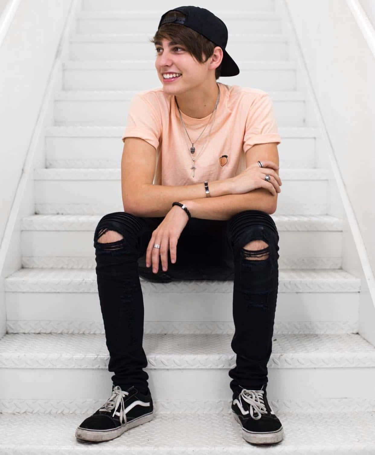 Colby Brock, peach tee, ripped black jeans, HD Phone Wallpaper