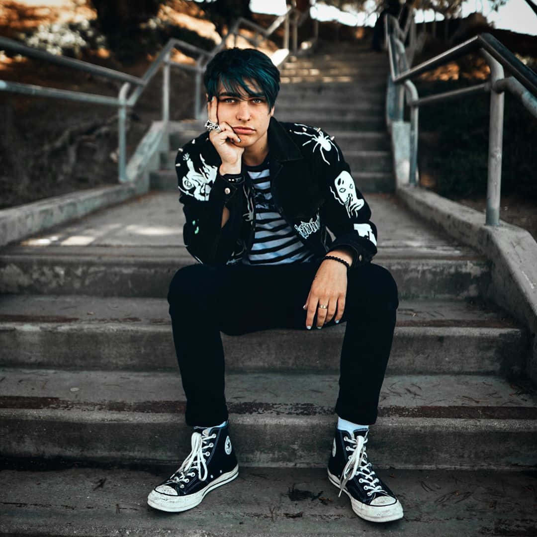 Colby Brock, teal hair, concrete stairs, SD Desktop Wallpaper