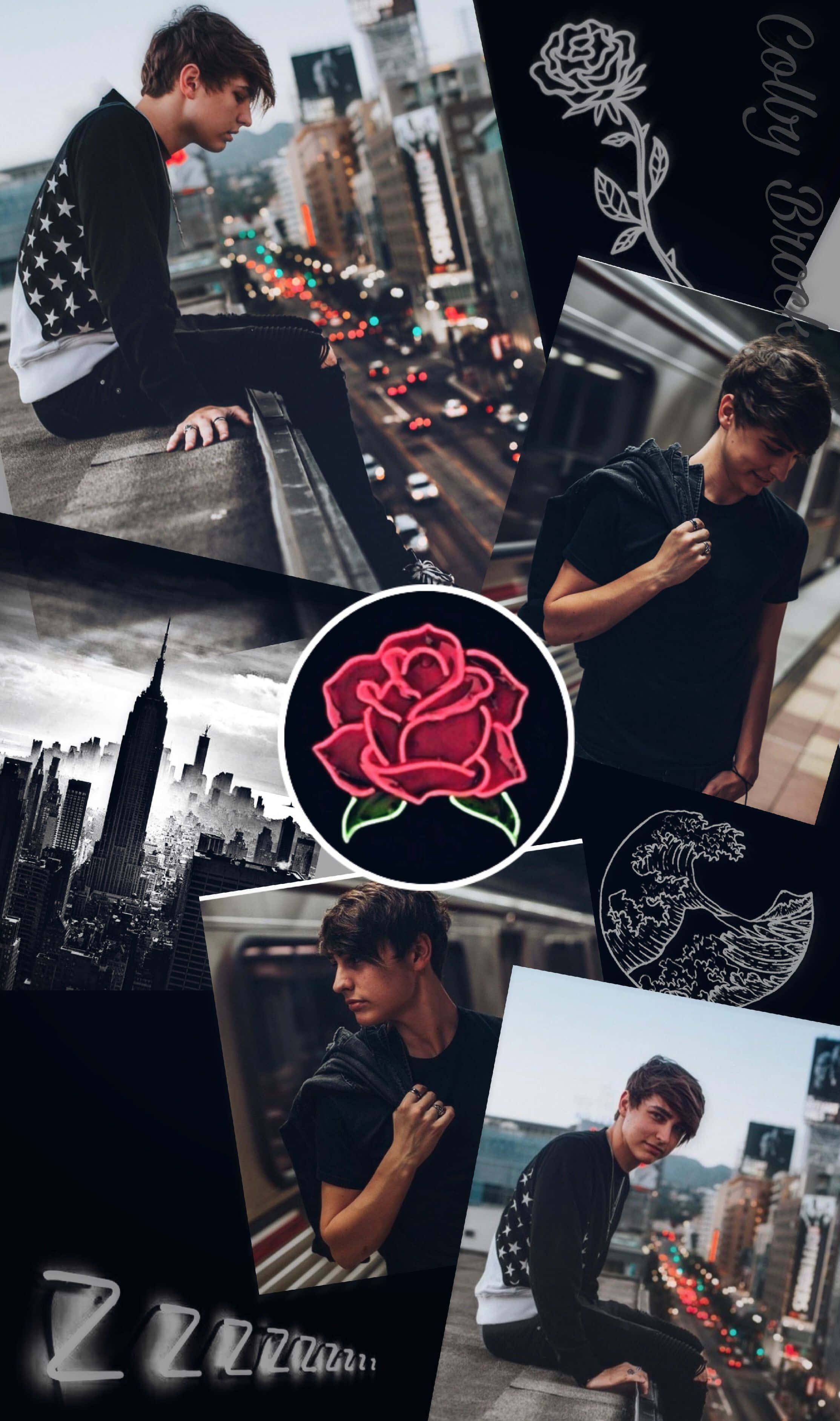 Colby Brock, glowing pink rose, black and white cityscape, 2K Phone Wallpaper