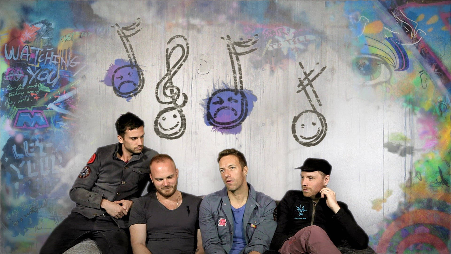 Coldplay, musical note graffiti, vibrant graffiti wall, Full HD Desktop Wallpaper
