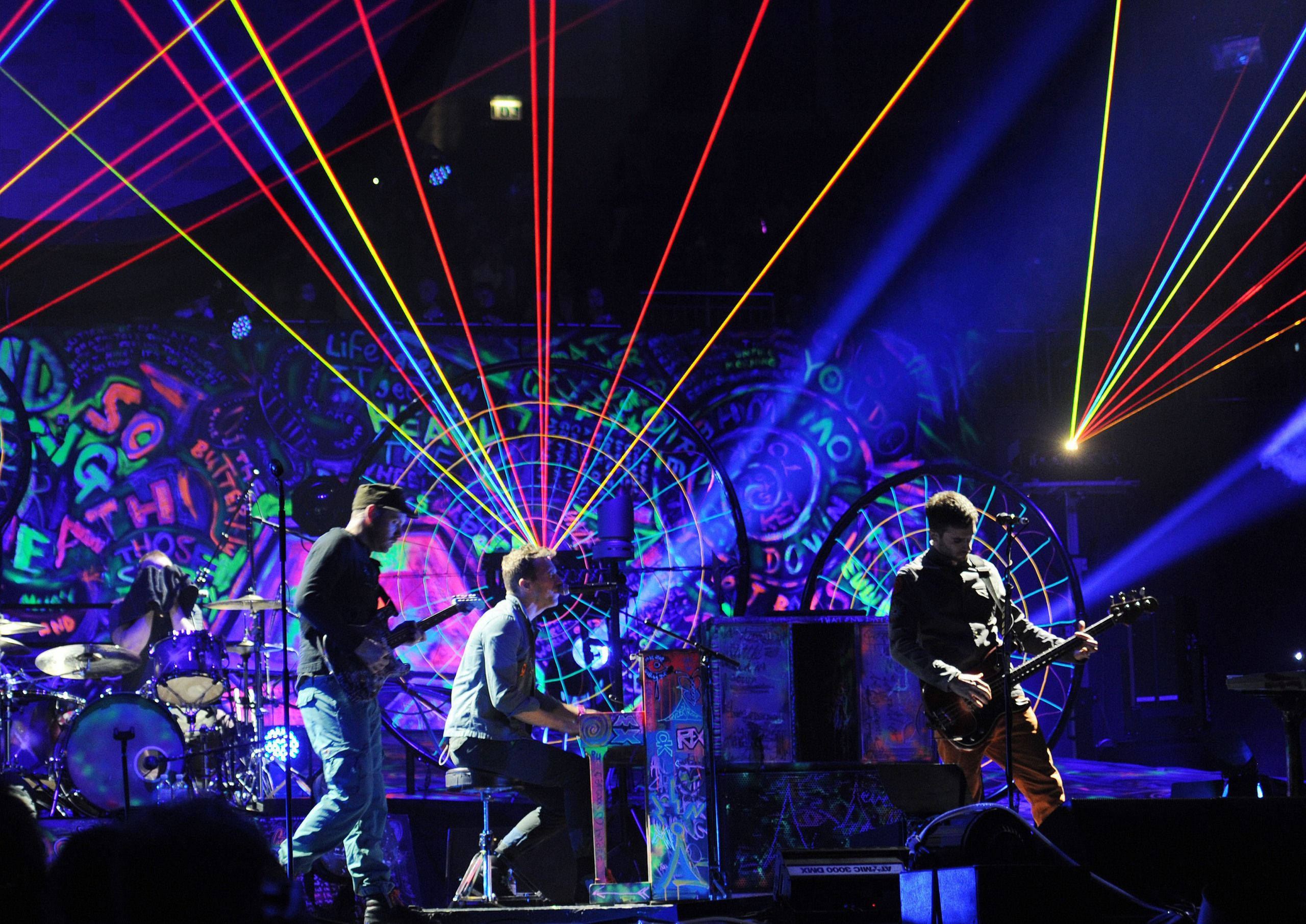 Coldplay, live concert, vibrant laser lights, 2K Desktop Wallpaper