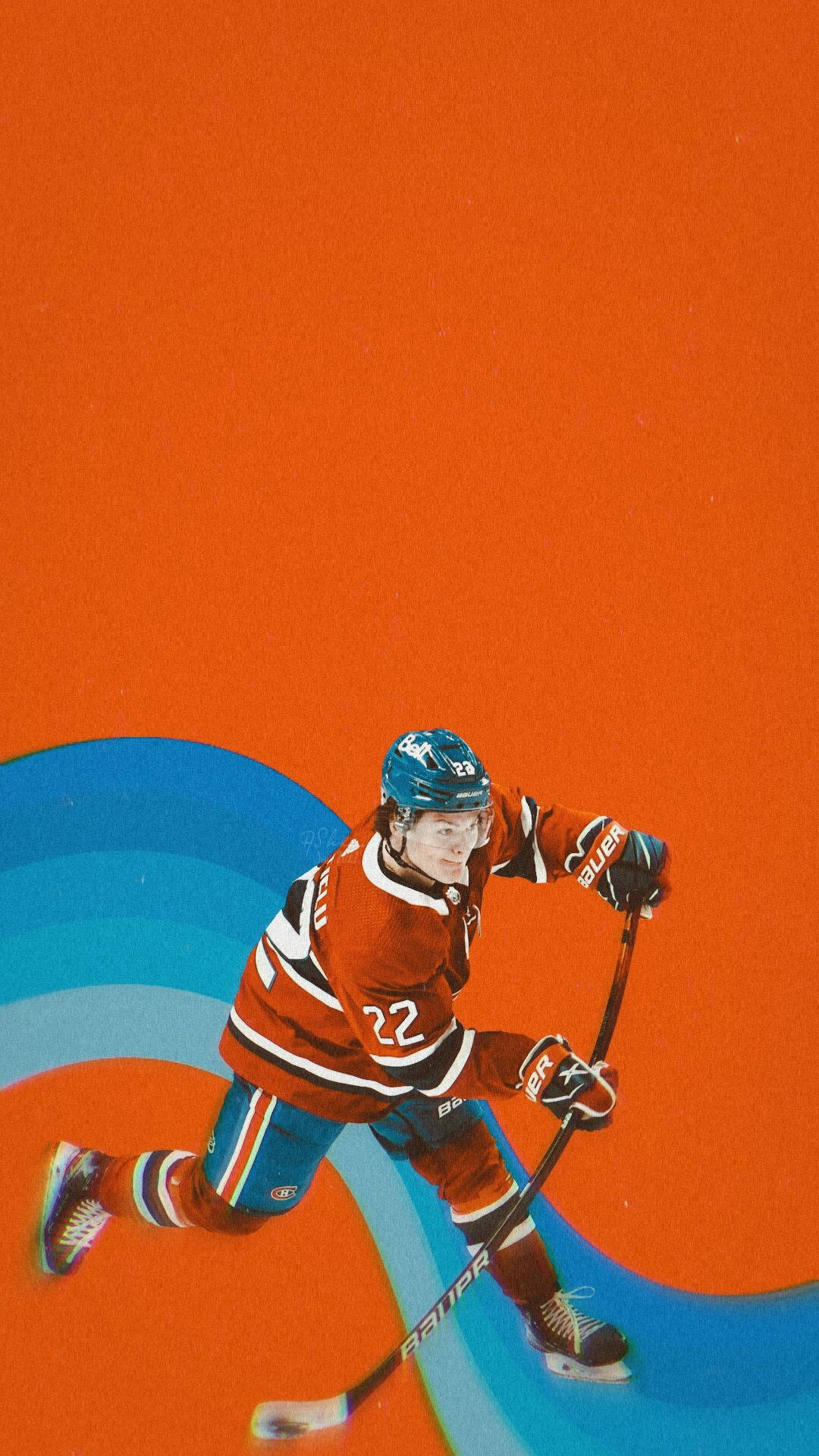 Cole Caufield, red jersey number 22, orange and blue abstract background, Full HD Phone Wallpaper