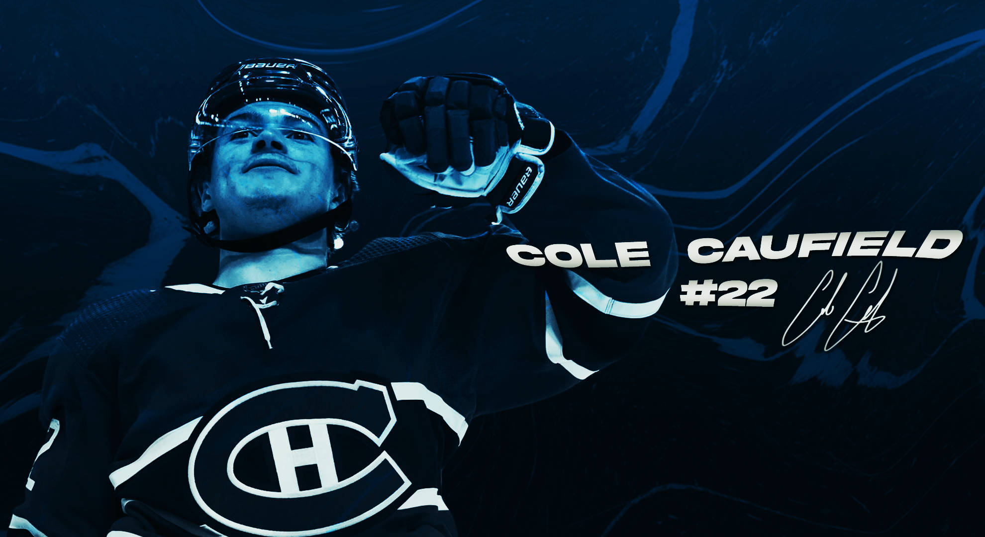 Cole Caufield, black jersey, dark blue abstract background, Full HD Desktop Wallpaper