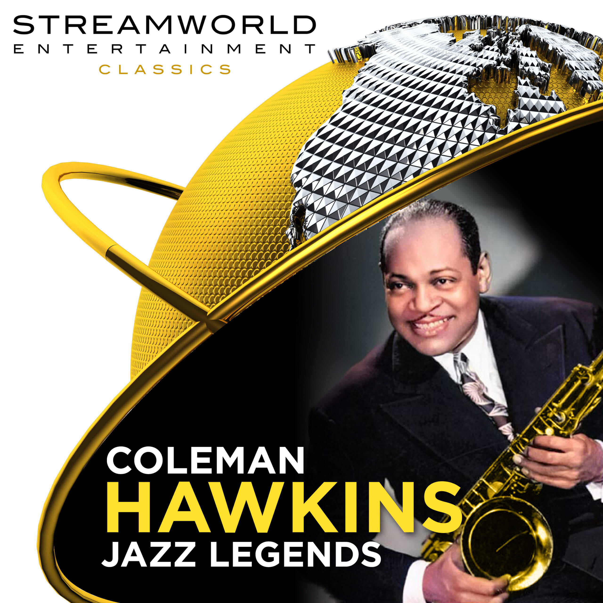 Coleman Hawkins, golden saxophone, stylized globe, 2K Desktop Wallpaper