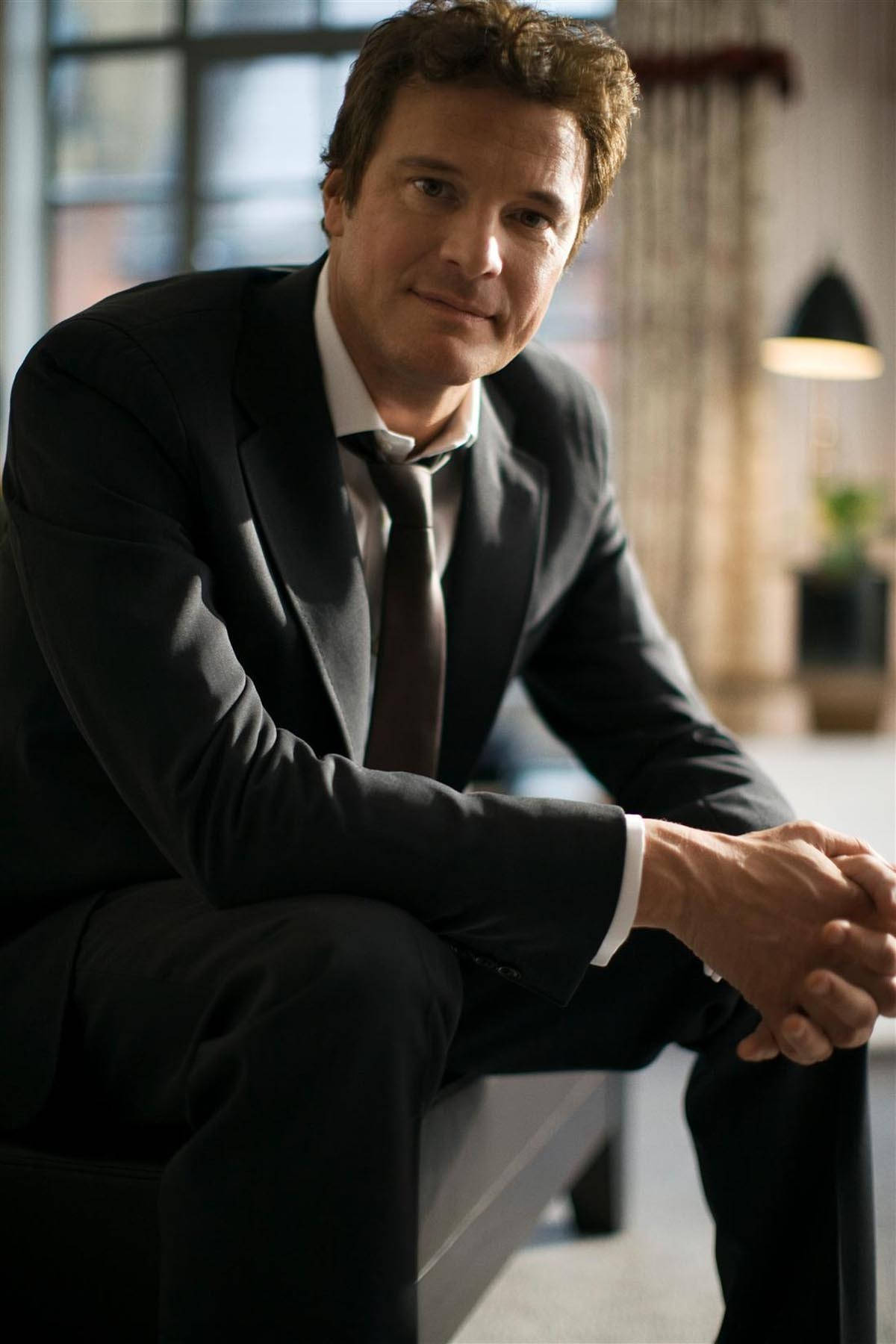 Colin Firth, dark suit, modern bench, HD Phone Wallpaper