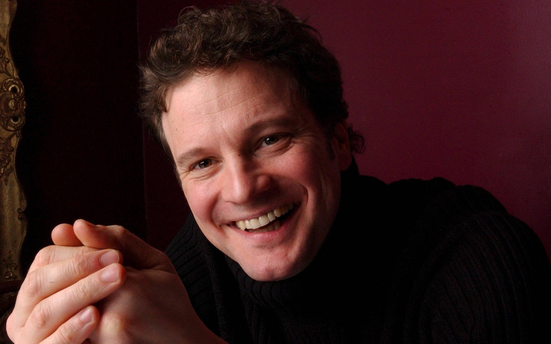 Colin Firth, curly hair, deep red wall, HD Desktop Wallpaper