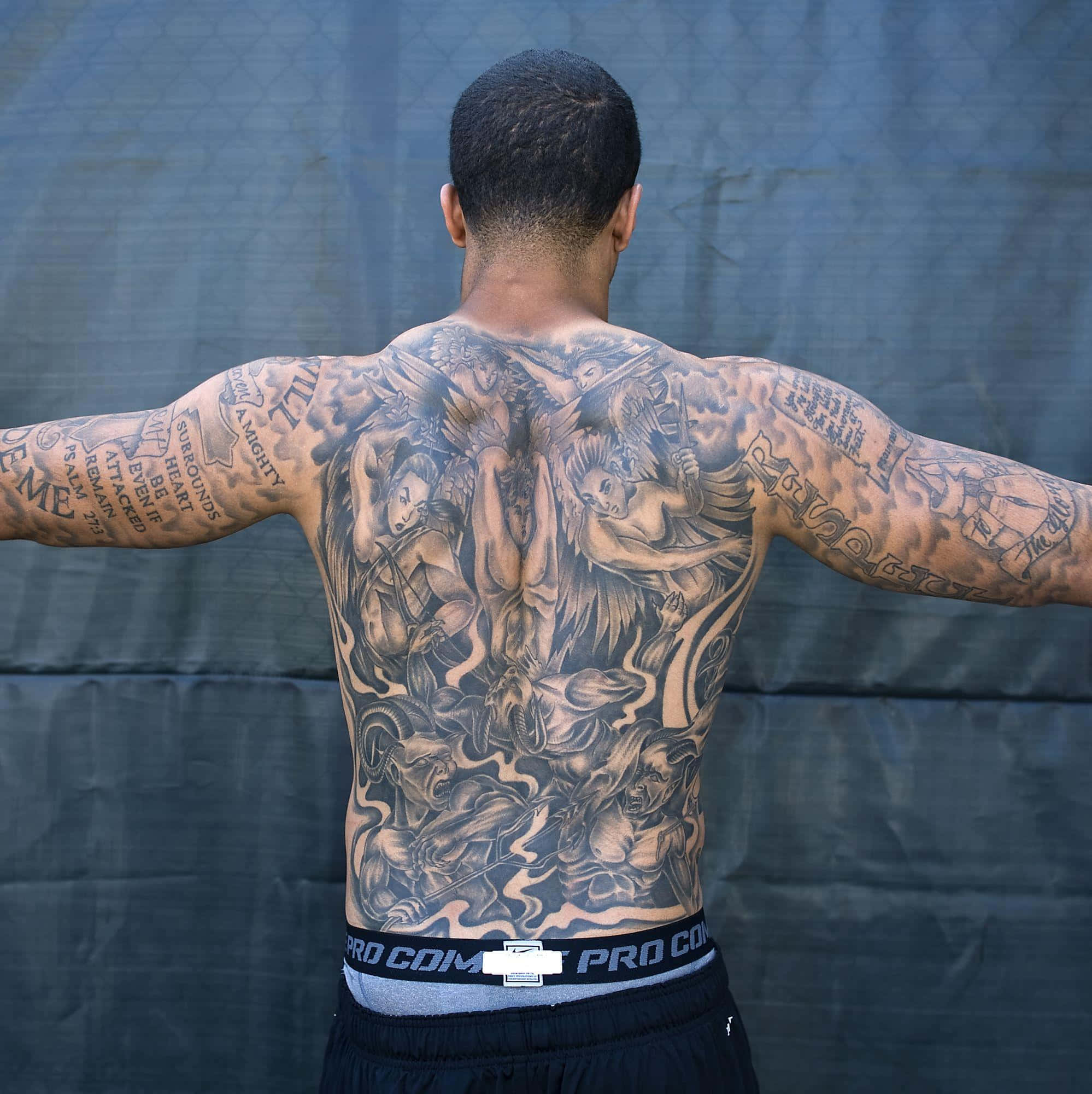Colin Kaepernick, black and gray tattoo, dark blue backdrop, Full HD Phone Wallpaper