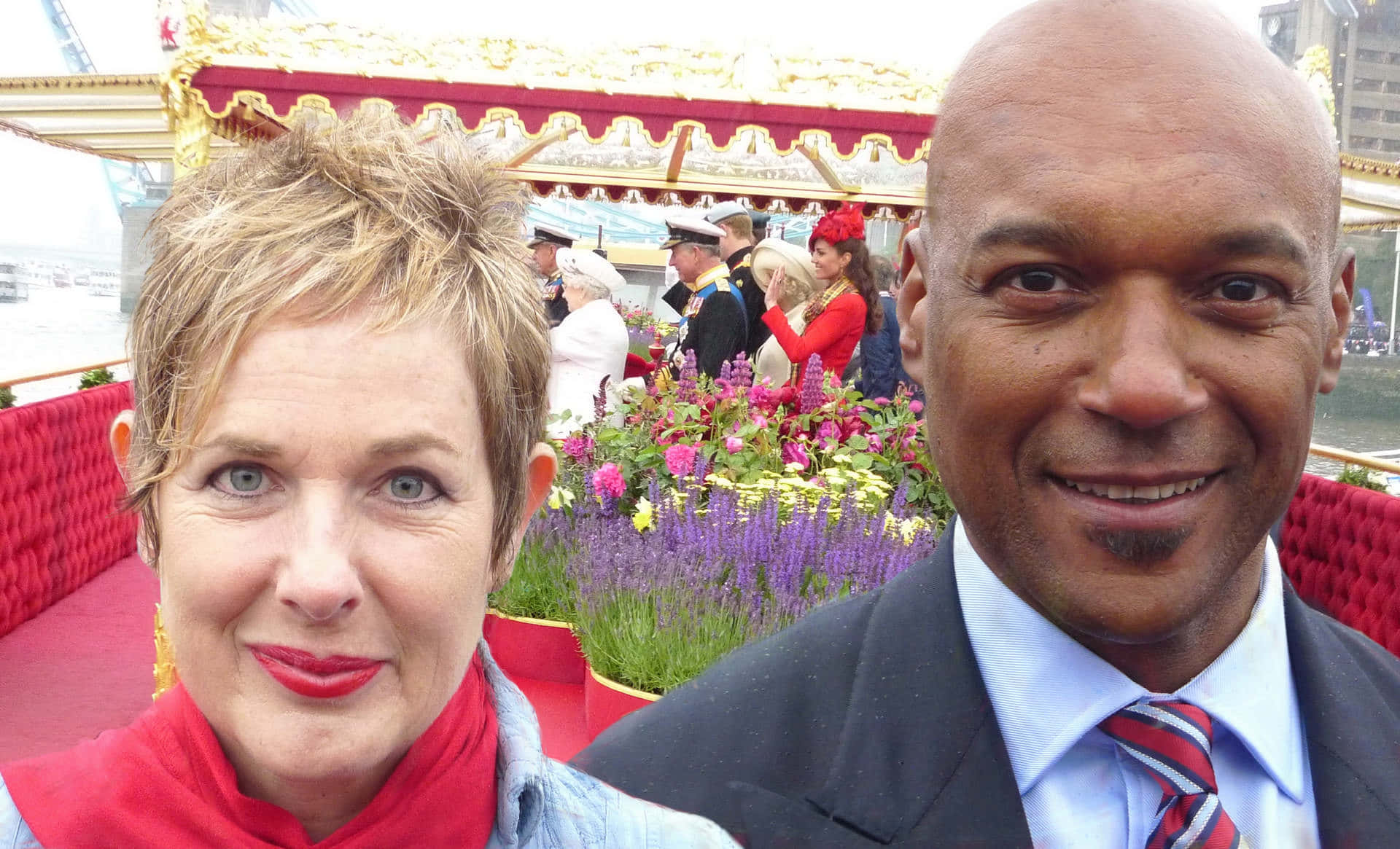 Colin Salmon, red upholstered boat, vibrant purple flowers, Full HD Desktop Wallpaper