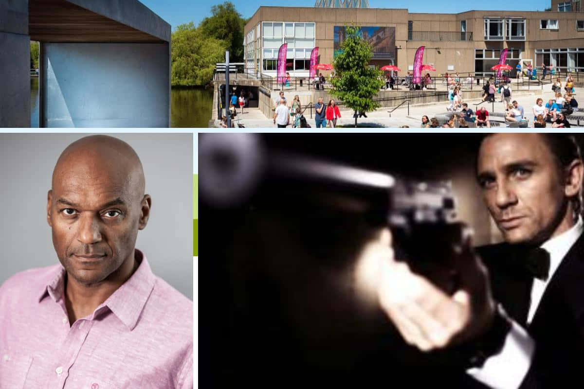 Colin Salmon, modern architecture by water, bustling campus plaza, SD Desktop Wallpaper