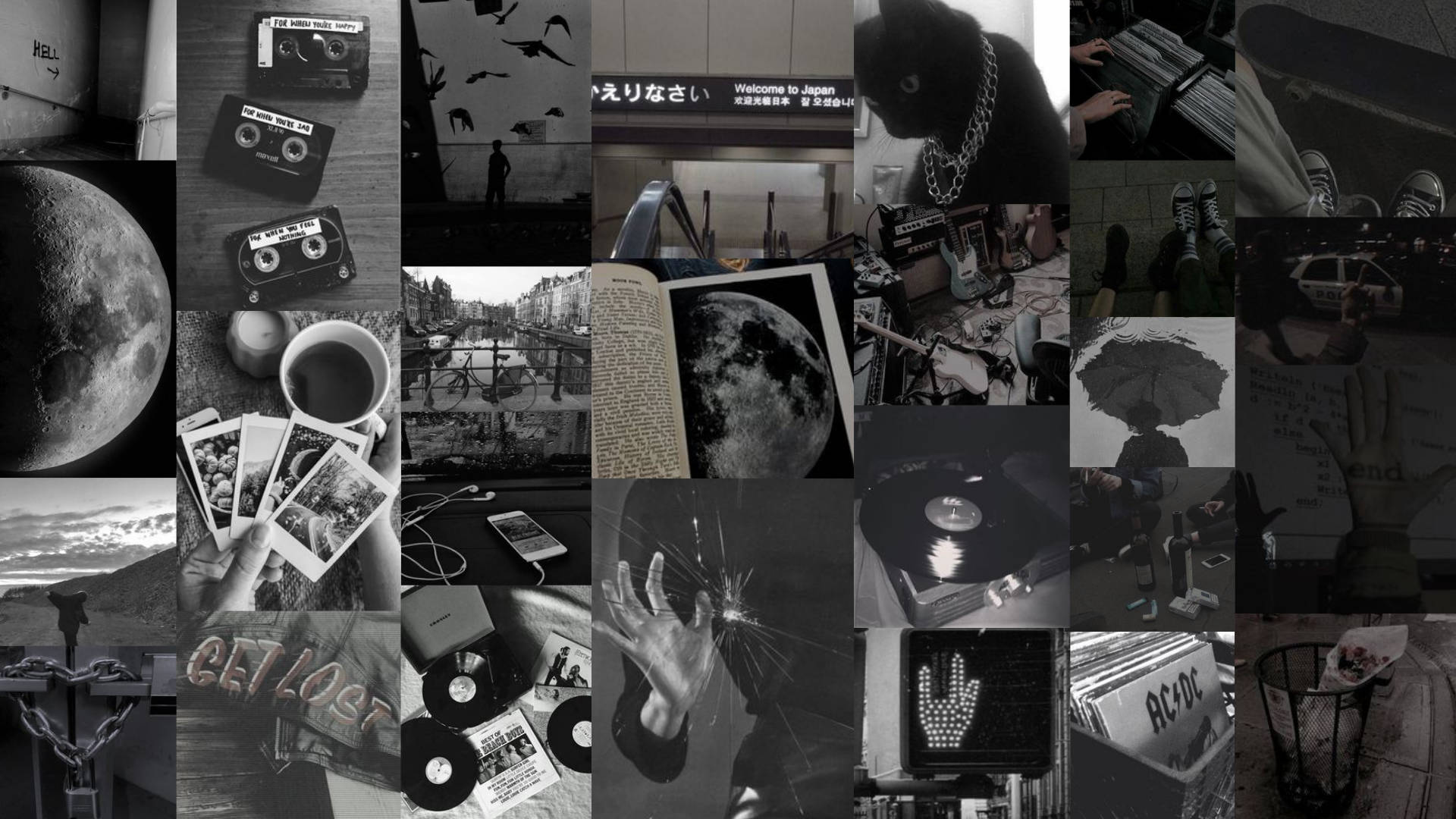 monochrome collage, grunge aesthetic, vintage tapes, Full HD Desktop Wallpaper