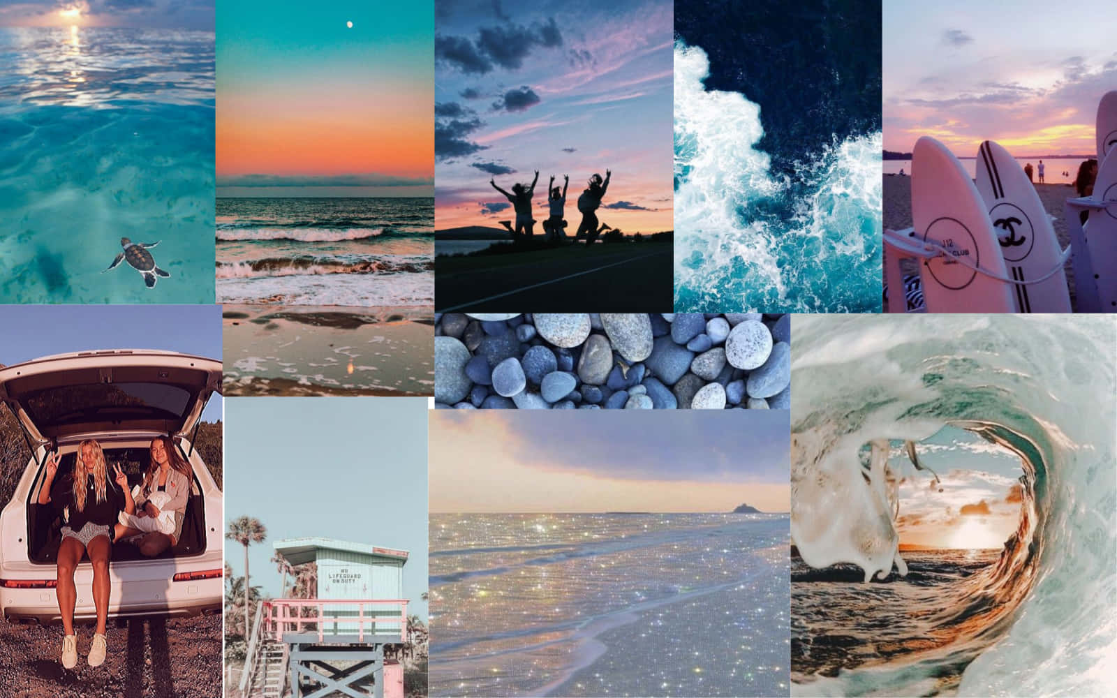 Collage Aesthetic Summer Trip Laptop, ocean scenes, surfers, HD Desktop Wallpaper